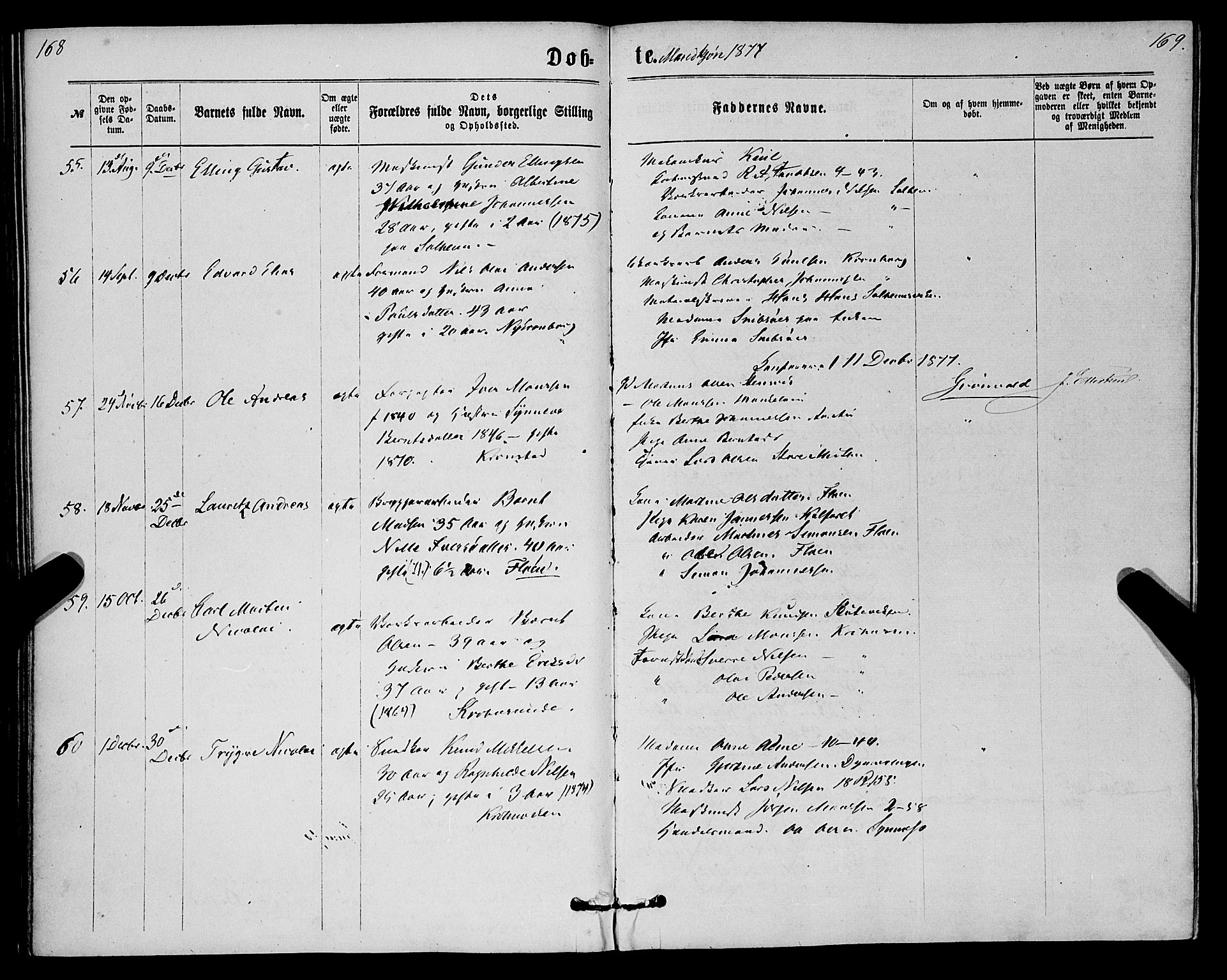 St. Jørgens hospital og Årstad sokneprestembete, AV/SAB-A-99934: Parish register (official) no. A 6, 1870-1878, p. 168-169