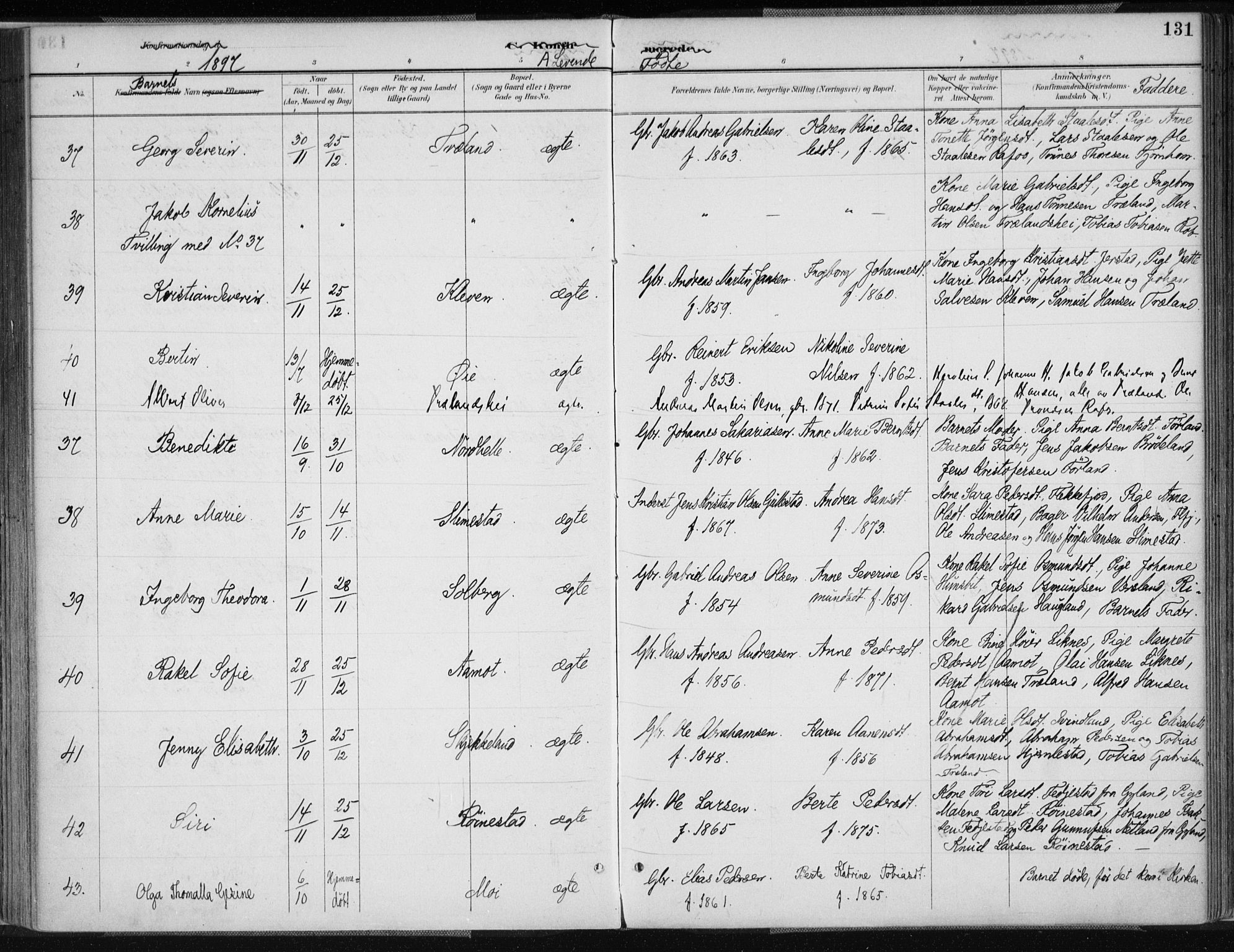 Kvinesdal sokneprestkontor, AV/SAK-1111-0026/F/Fa/Fab/L0008: Parish register (official) no. A 8, 1886-1897, p. 131