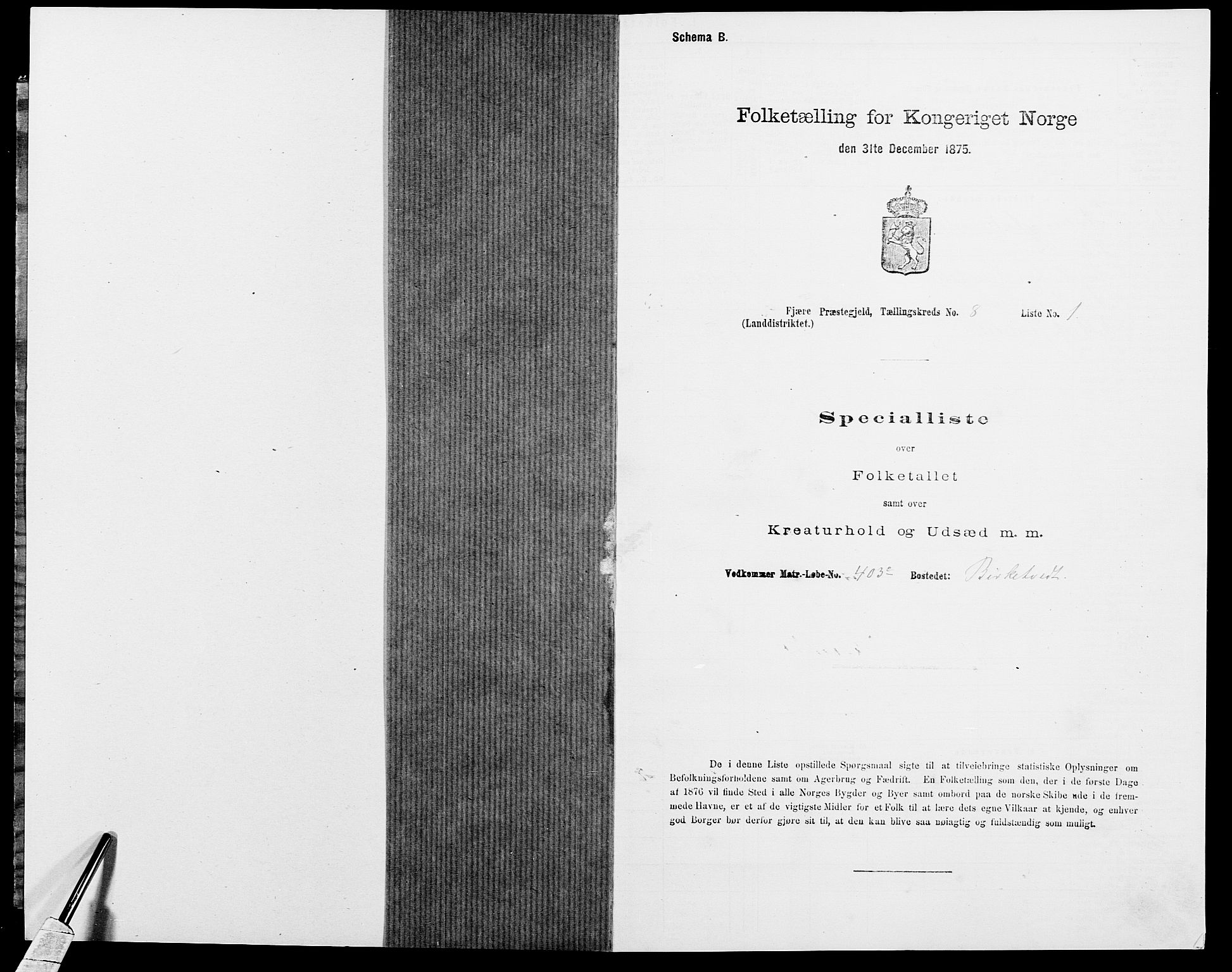 SAK, 1875 census for 0923L Fjære/Fjære, 1875, p. 1695