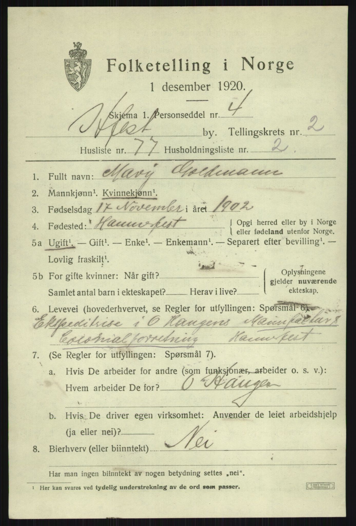 SATØ, 1920 census for Hammerfest, 1920, p. 7575
