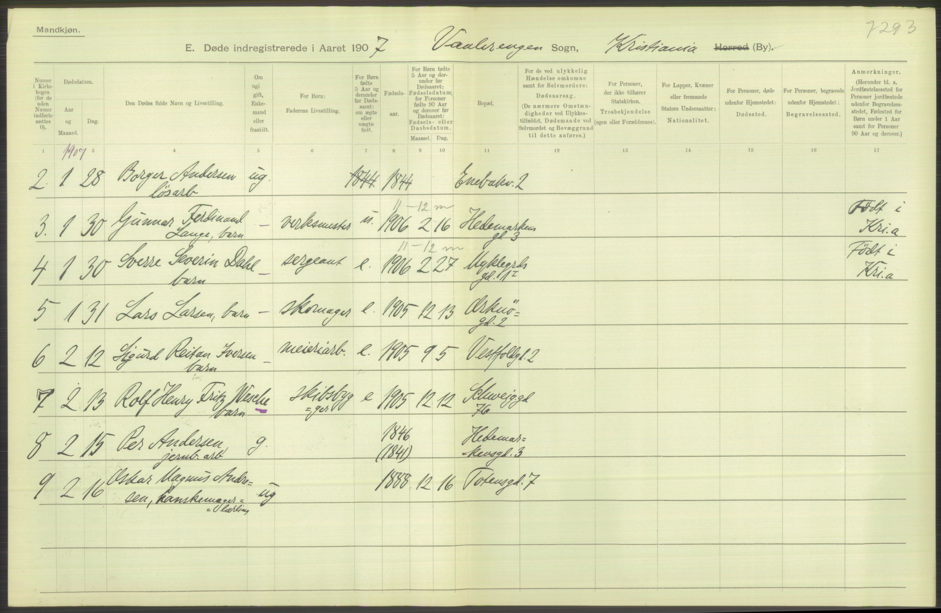 Statistisk sentralbyrå, Sosiodemografiske emner, Befolkning, RA/S-2228/D/Df/Dfa/Dfae/L0009: Kristiania: Døde, 1907, p. 106