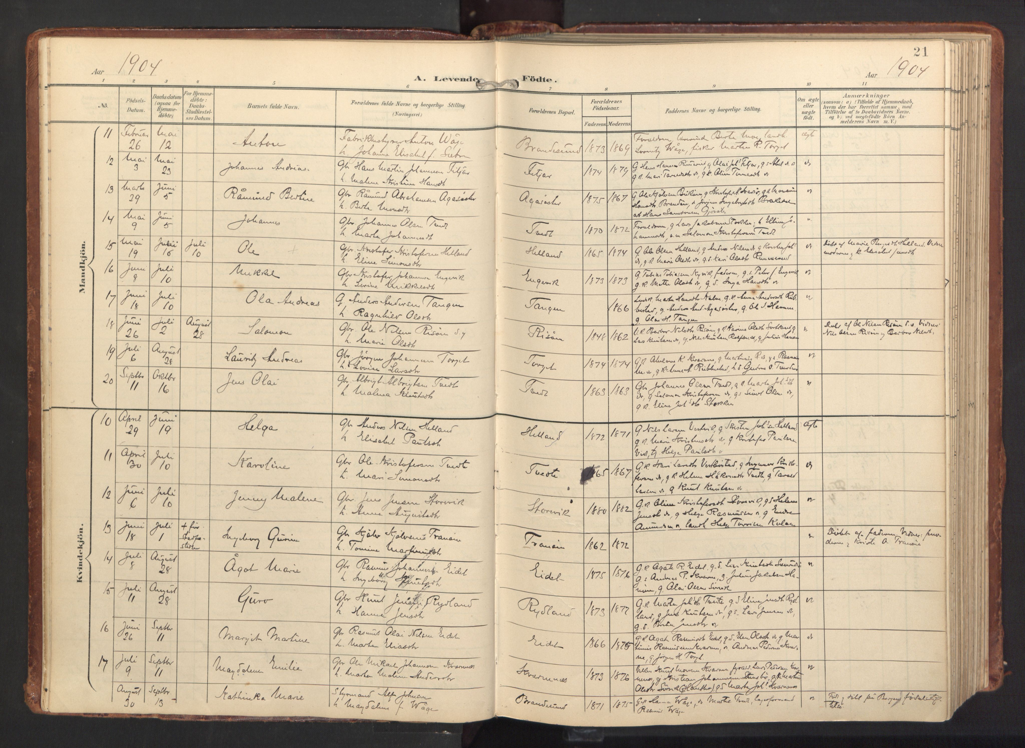 Fitjar sokneprestembete, AV/SAB-A-99926: Parish register (official) no. A 3, 1900-1918, p. 21