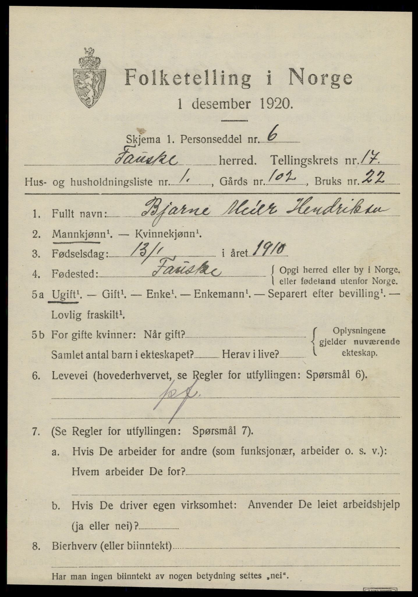 SAT, 1920 census for Fauske, 1920, p. 10448