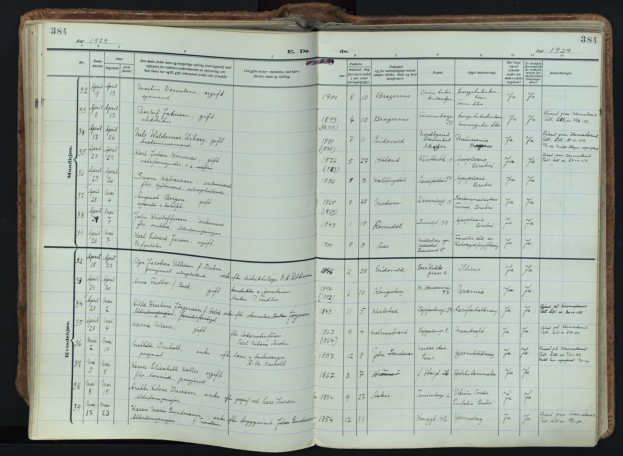 Bragernes kirkebøker, AV/SAKO-A-6/F/Fb/L0011: Parish register (official) no. II 11, 1922-1945, p. 384