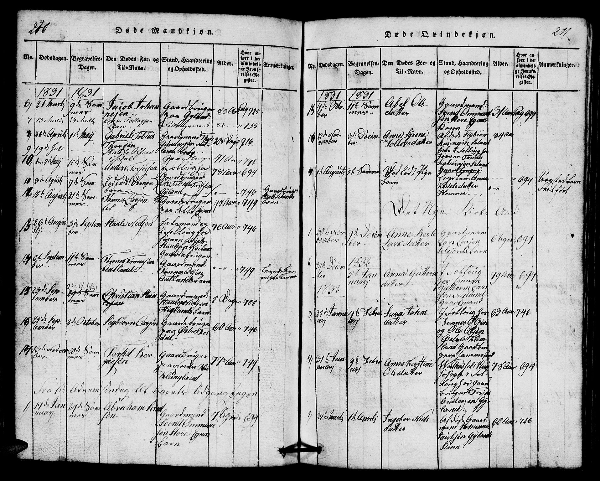 Bakke sokneprestkontor, SAK/1111-0002/F/Fb/Fbb/L0001: Parish register (copy) no. B 1, 1815-1835, p. 210-211