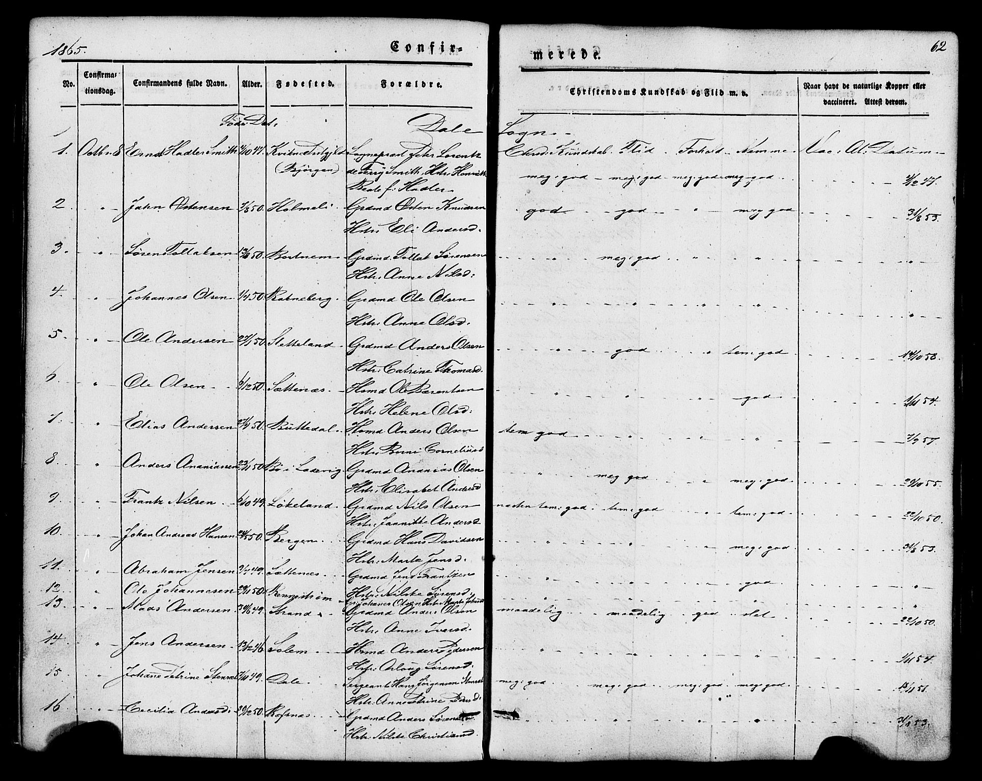 Fjaler sokneprestembete, SAB/A-79801/H/Haa/Haaa/L0008: Parish register (official) no. A 8, 1850-1886, p. 62