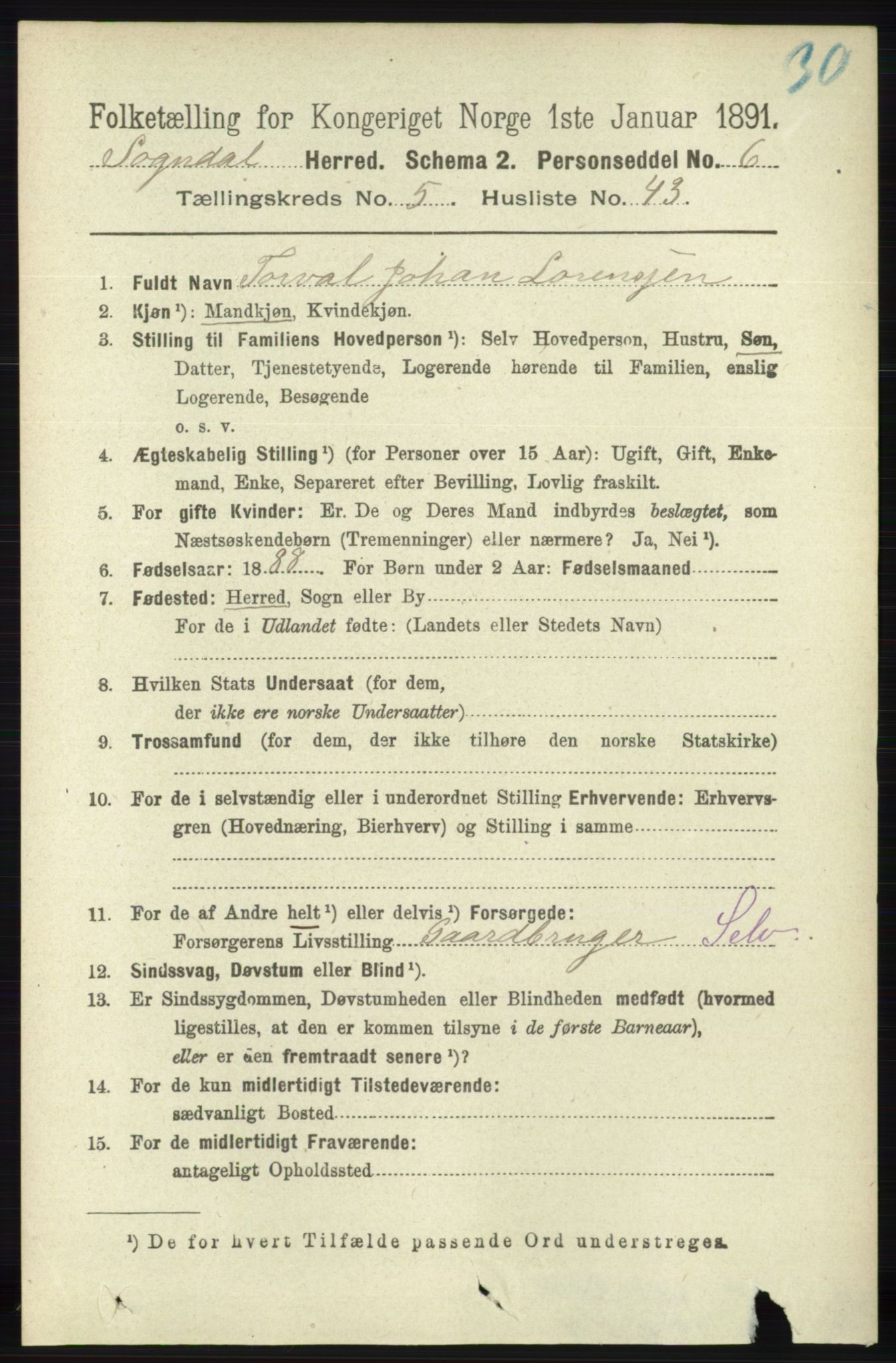 RA, 1891 census for 1111 Sokndal, 1891, p. 1566