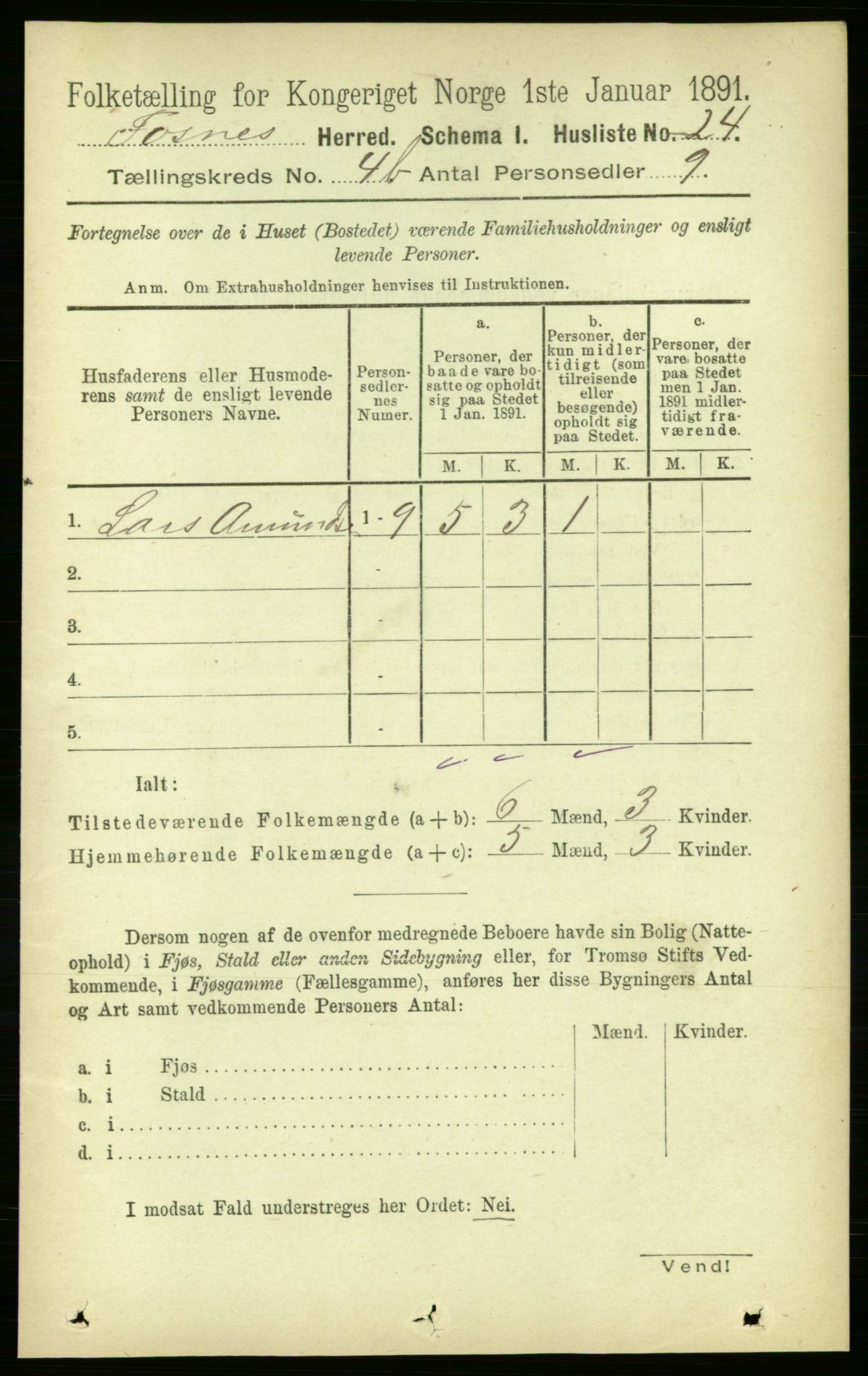 RA, 1891 census for 1748 Fosnes, 1891, p. 1704