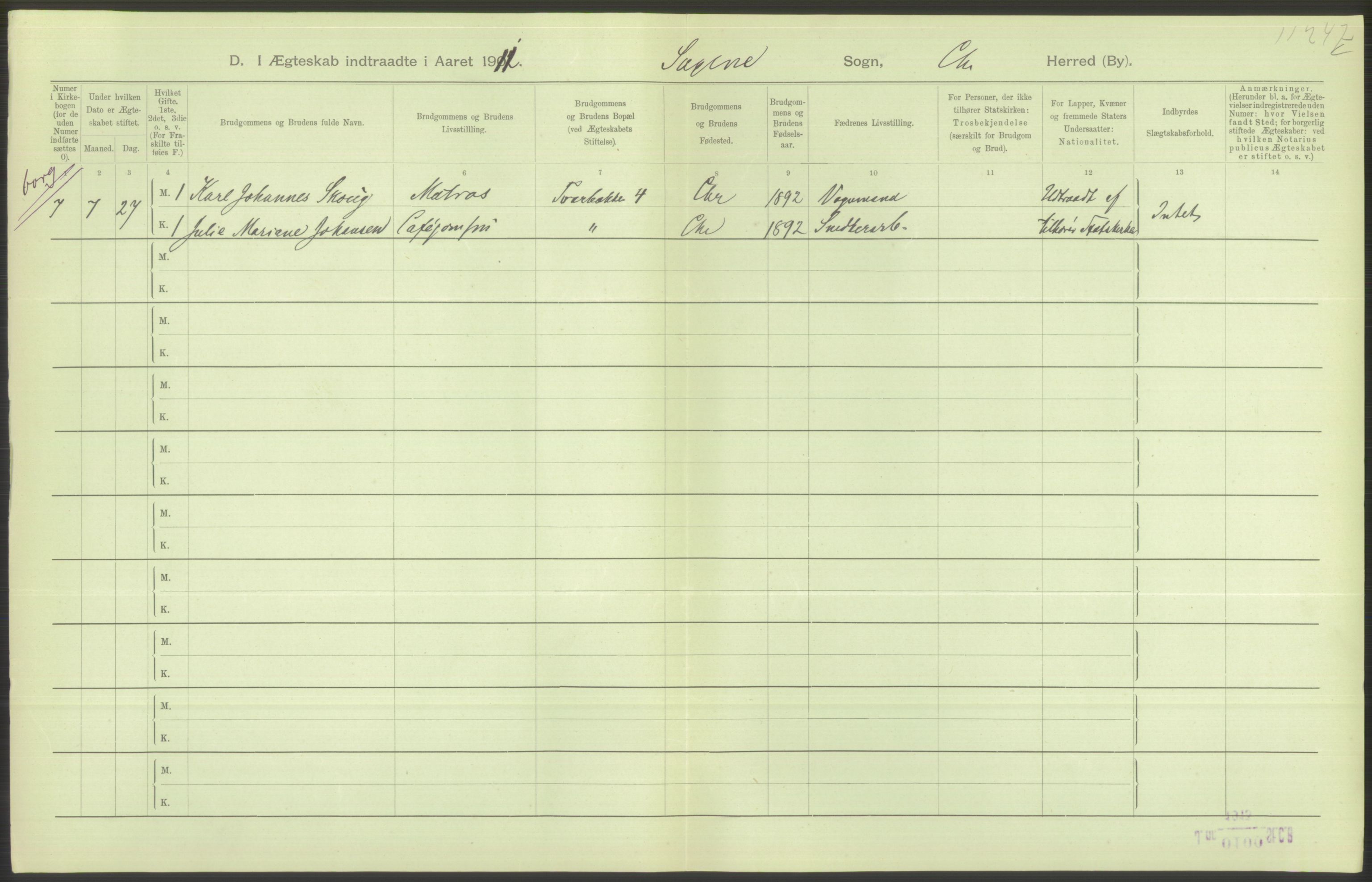 Statistisk sentralbyrå, Sosiodemografiske emner, Befolkning, AV/RA-S-2228/D/Df/Dfb/Dfba/L0008: Kristiania: Gifte, 1911, p. 714