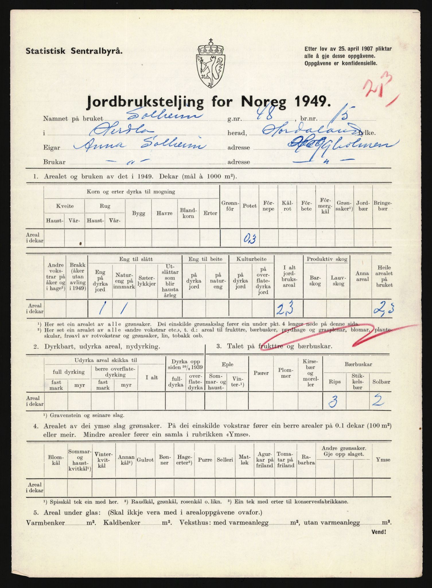 Statistisk sentralbyrå, Næringsøkonomiske emner, Jordbruk, skogbruk, jakt, fiske og fangst, AV/RA-S-2234/G/Gc/L0276: Hordaland: Herdla og Hjelme, 1949, p. 216