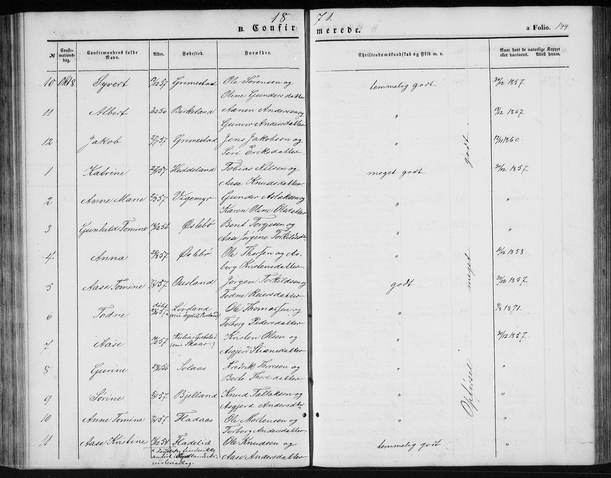 Holum sokneprestkontor, AV/SAK-1111-0022/F/Fb/Fbc/L0002: Parish register (copy) no. B 2, 1860-1882, p. 144