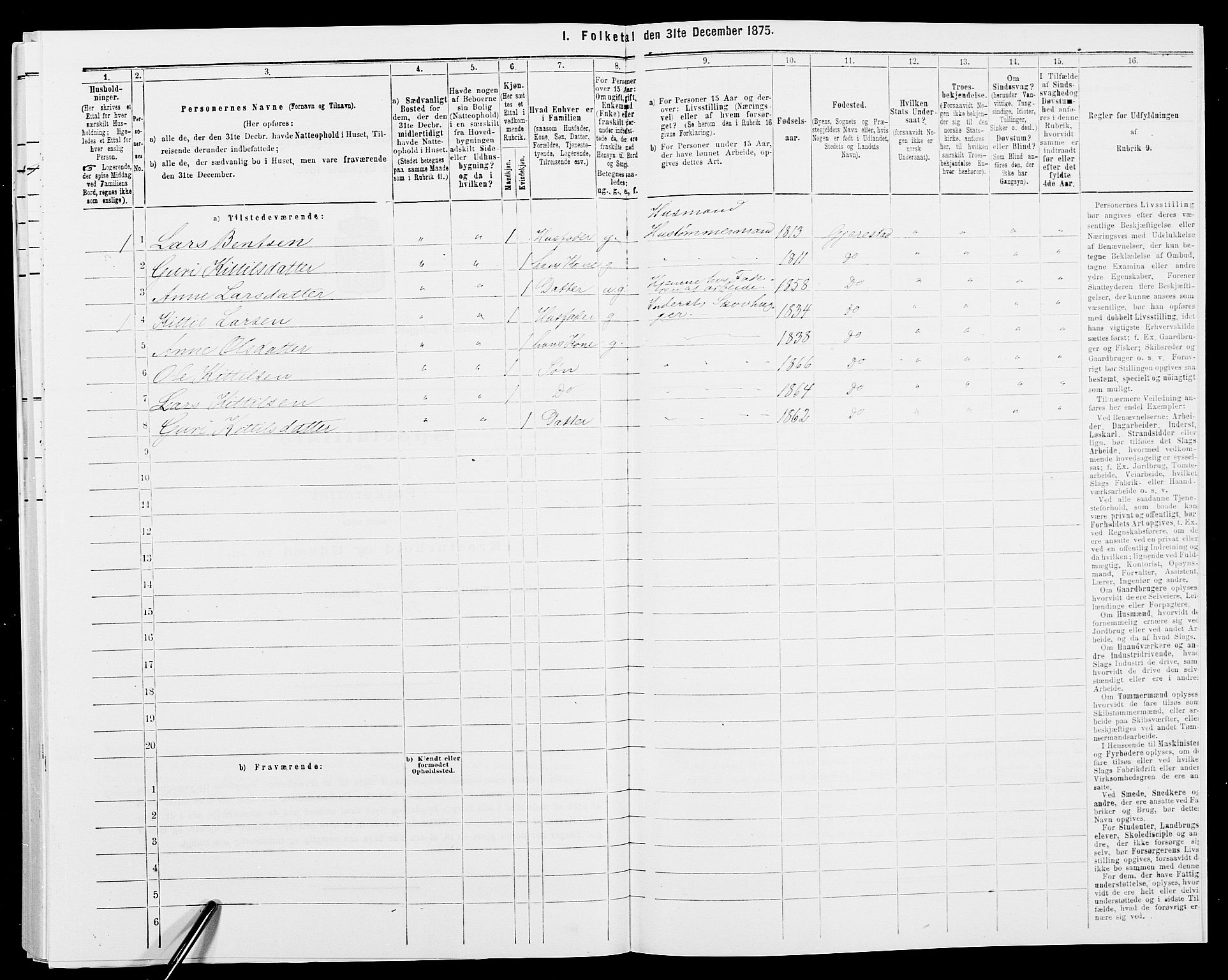 SAK, 1875 census for 0911P Gjerstad, 1875, p. 275