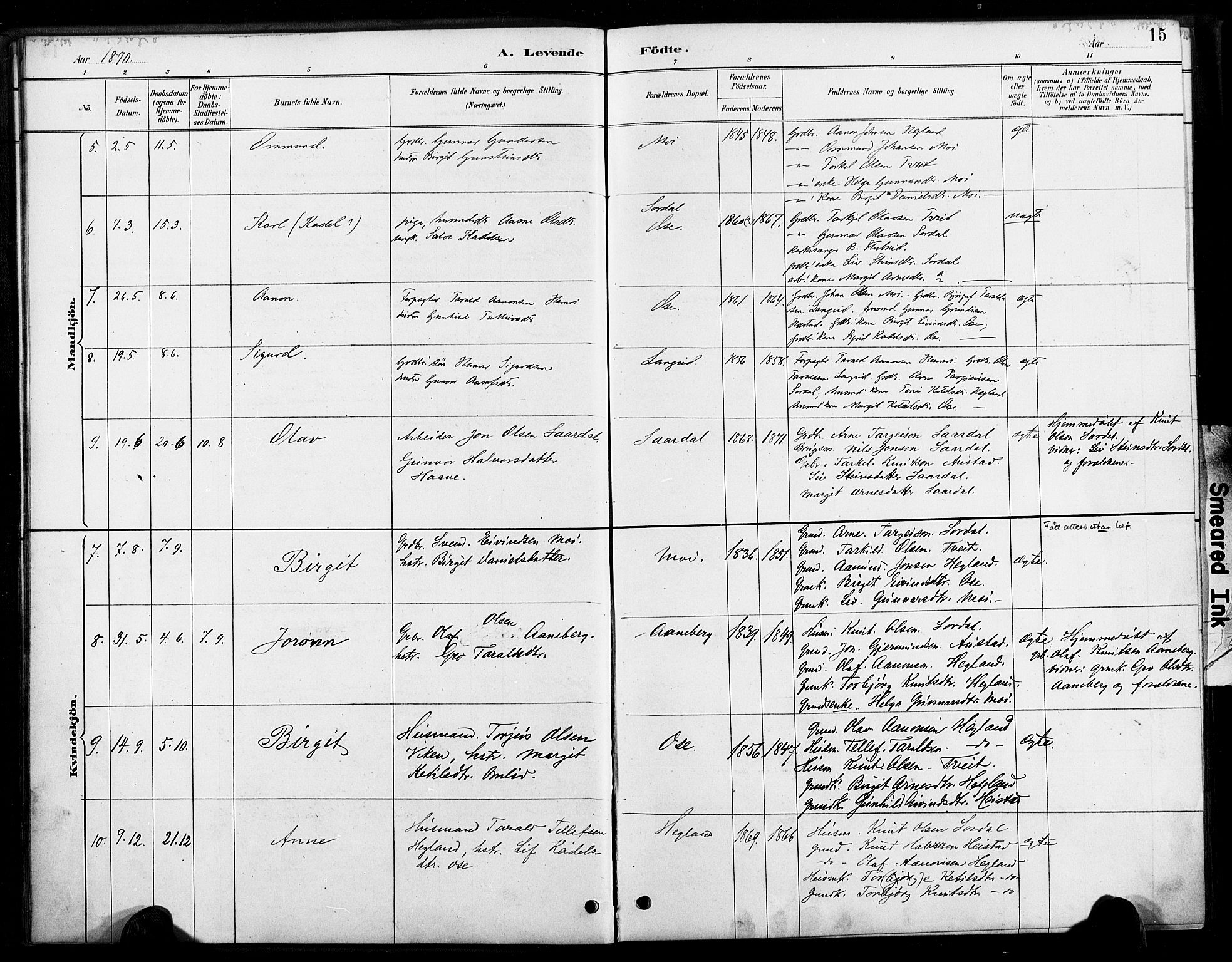 Bygland sokneprestkontor, SAK/1111-0006/F/Fa/Faa/L0001: Parish register (official) no. A 1, 1885-1908, p. 15