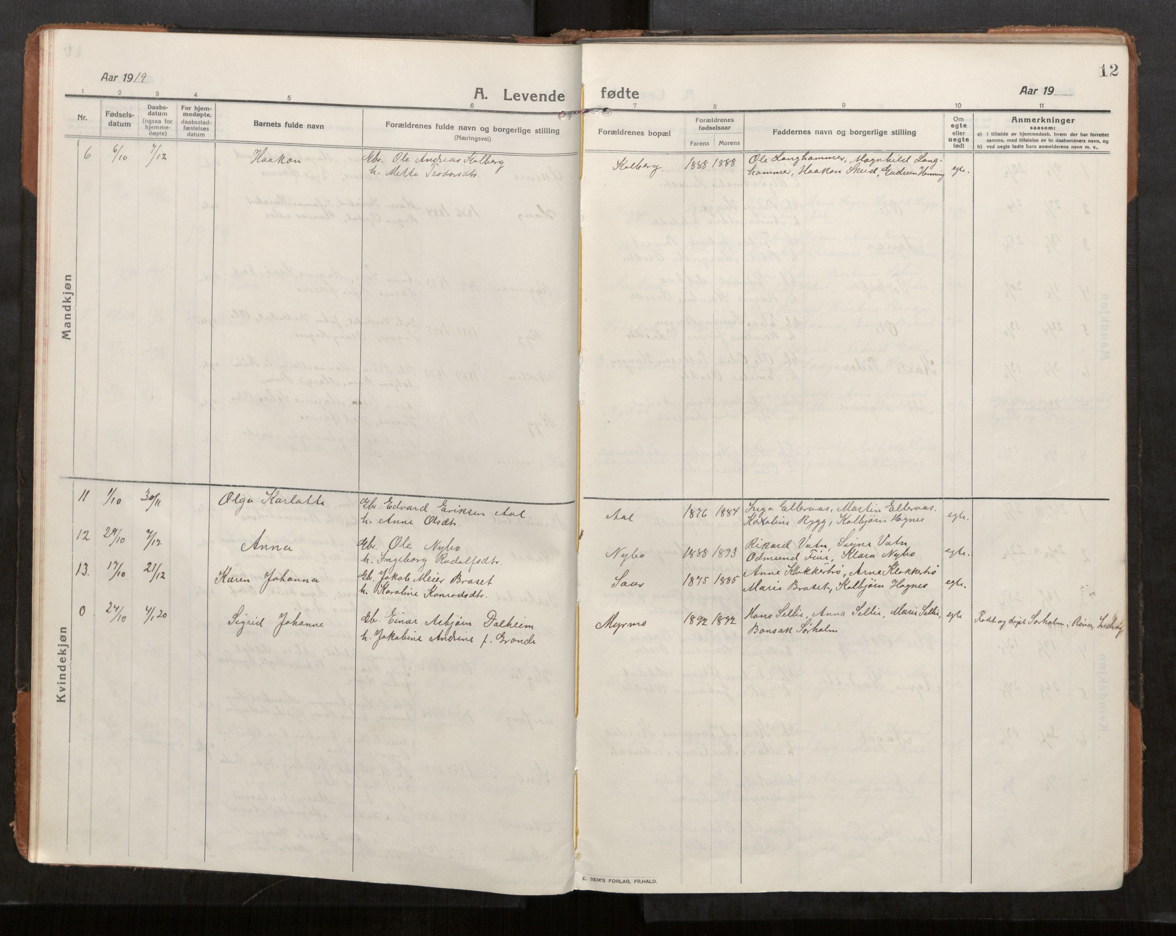 Stod sokneprestkontor, AV/SAT-A-1164/1/I/I1/I1a/L0004: Parish register (official) no. 4, 1913-1933, p. 12