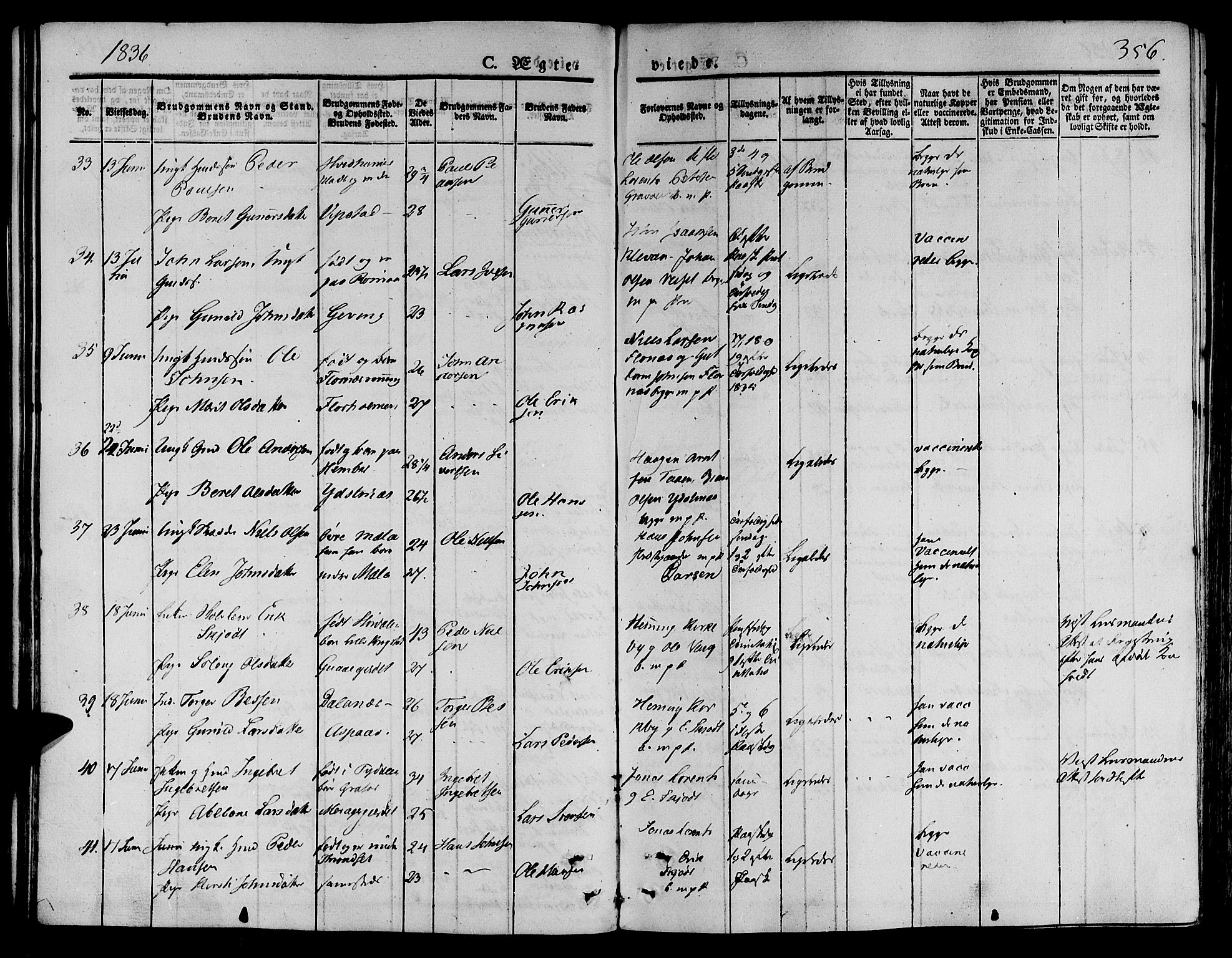 Ministerialprotokoller, klokkerbøker og fødselsregistre - Nord-Trøndelag, AV/SAT-A-1458/709/L0072: Parish register (official) no. 709A12, 1833-1844, p. 356