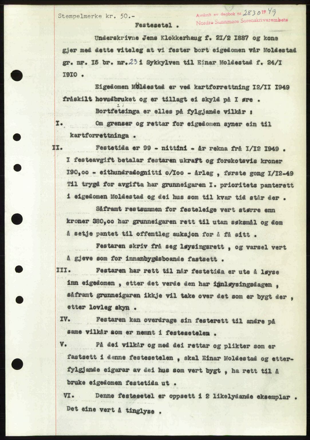 Nordre Sunnmøre sorenskriveri, AV/SAT-A-0006/1/2/2C/2Ca: Mortgage book no. A33, 1949-1950, Diary no: : 2830/1949