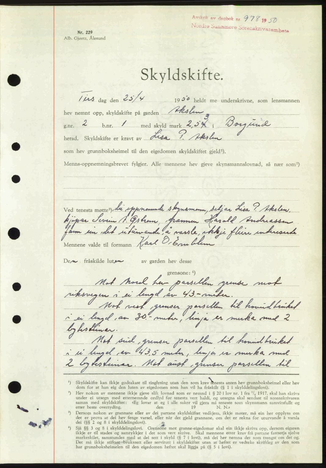 Nordre Sunnmøre sorenskriveri, AV/SAT-A-0006/1/2/2C/2Ca: Mortgage book no. A34, 1950-1950, Diary no: : 978/1950