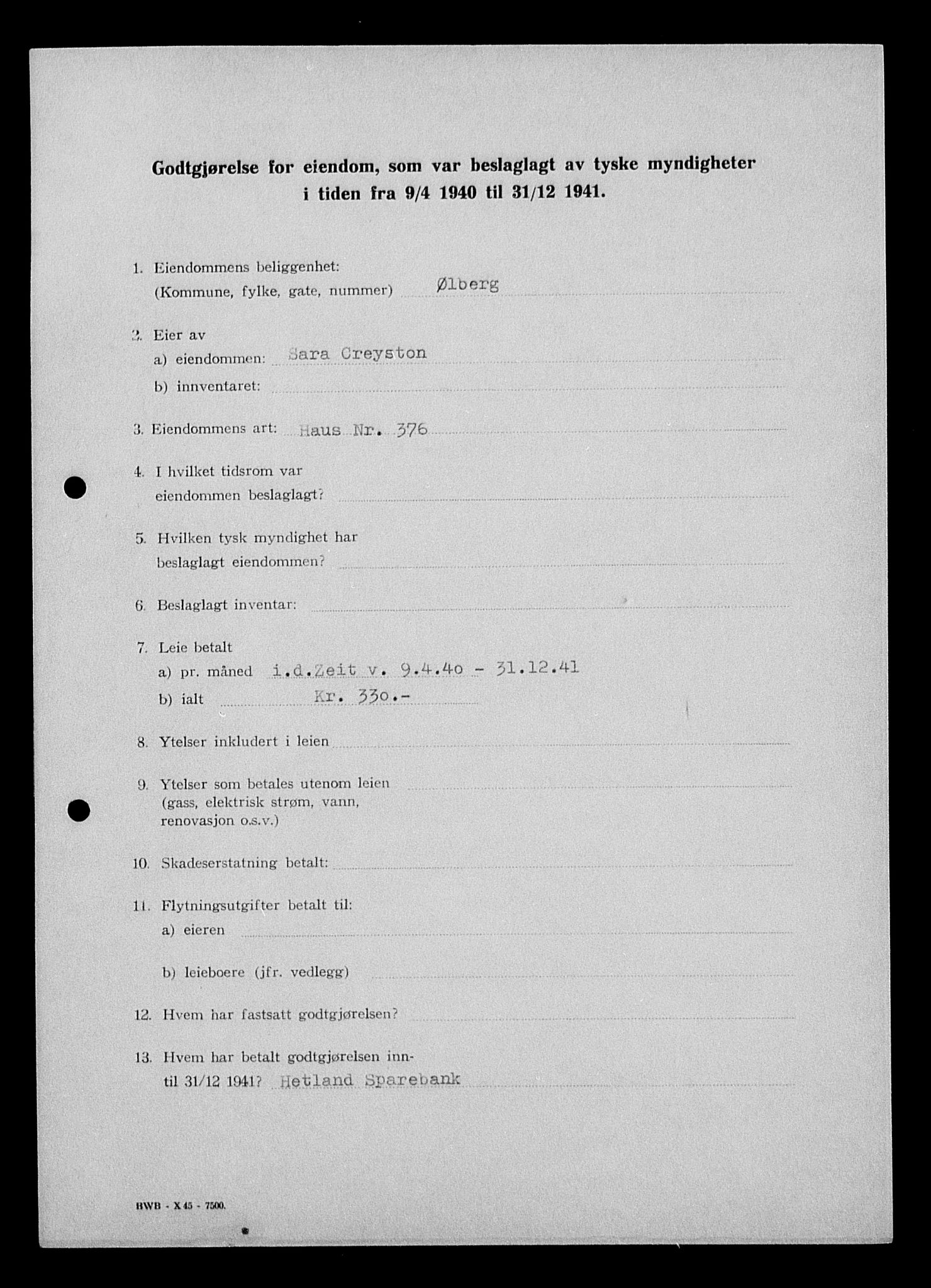 Justisdepartementet, Tilbakeføringskontoret for inndratte formuer, AV/RA-S-1564/I/L1014: Godtgjørelse for beslaglagt eiendom, 1940-1941, p. 225