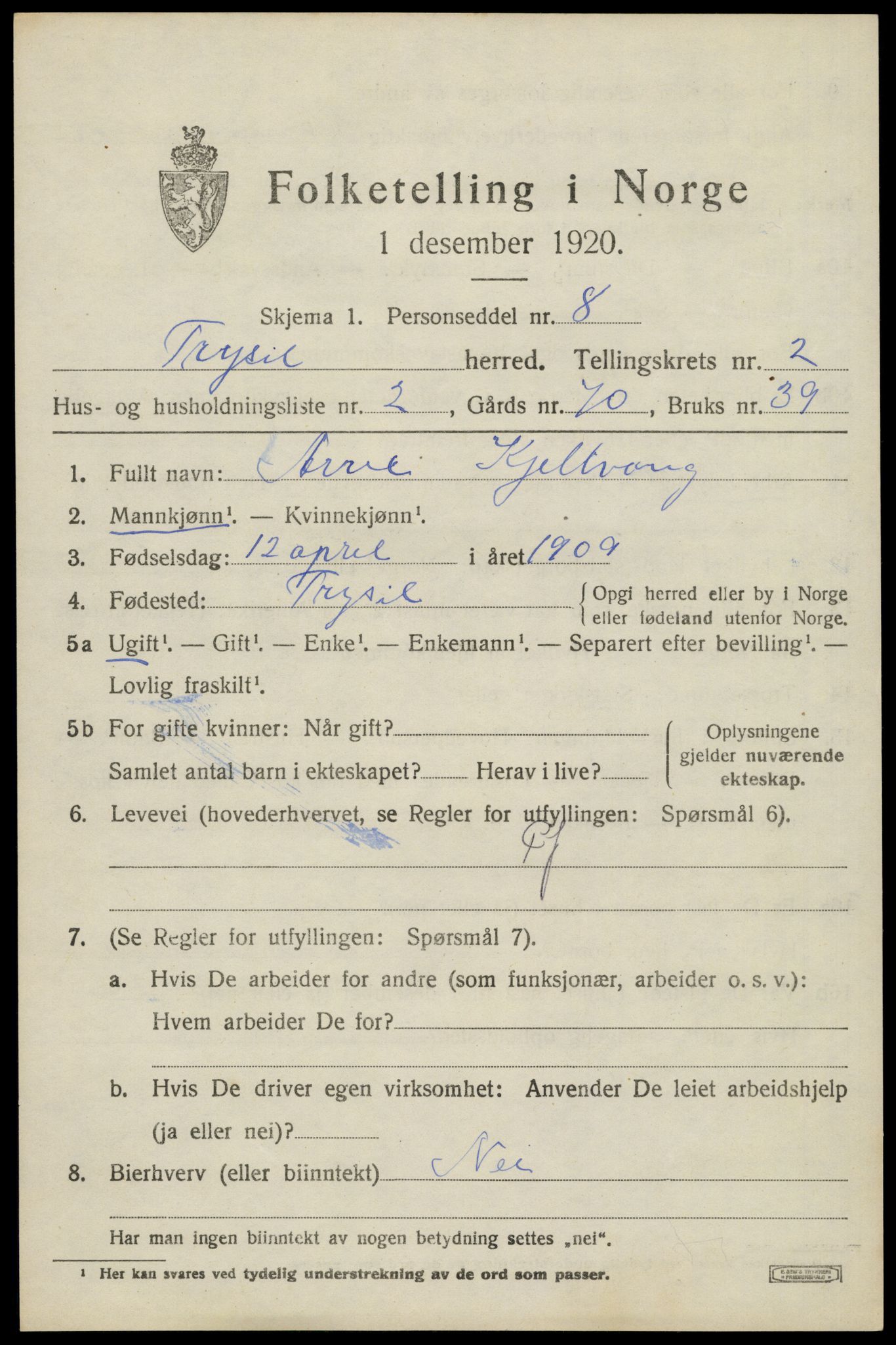 SAH, 1920 census for Trysil, 1920, p. 3113