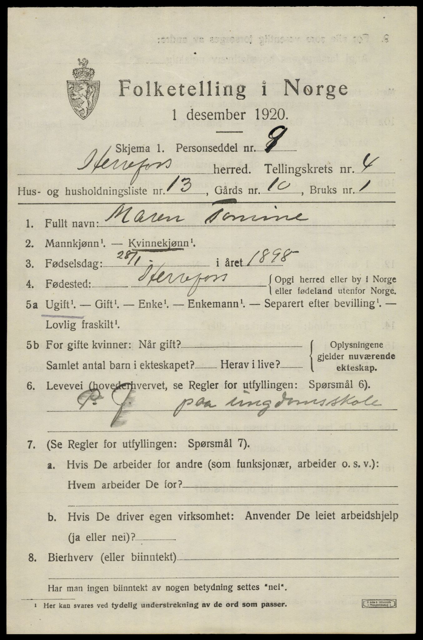 SAK, 1920 census for Herefoss, 1920, p. 916