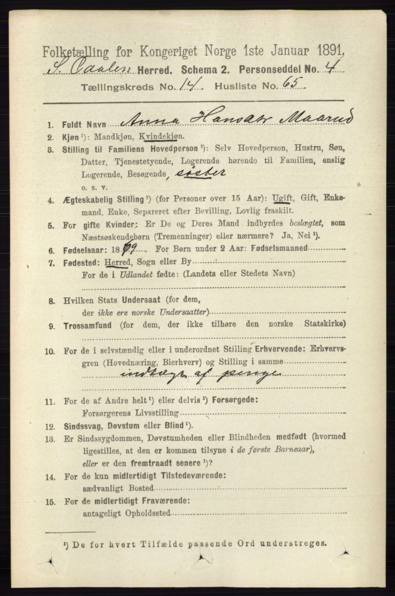 RA, 1891 census for 0419 Sør-Odal, 1891, p. 6458