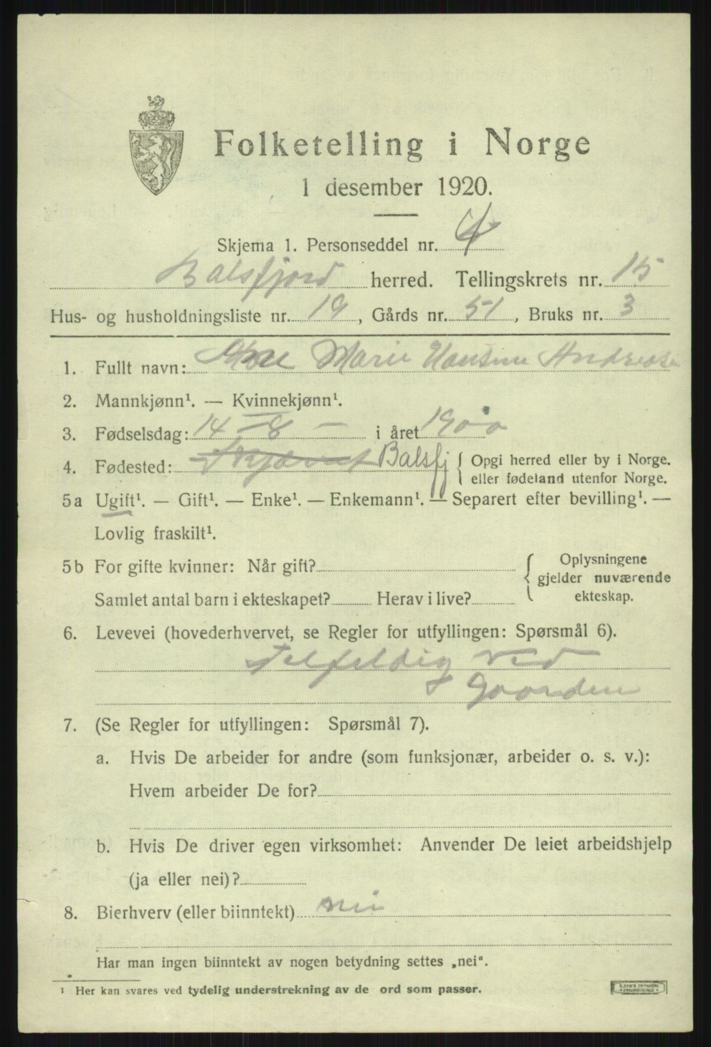 SATØ, 1920 census for Balsfjord, 1920, p. 7481