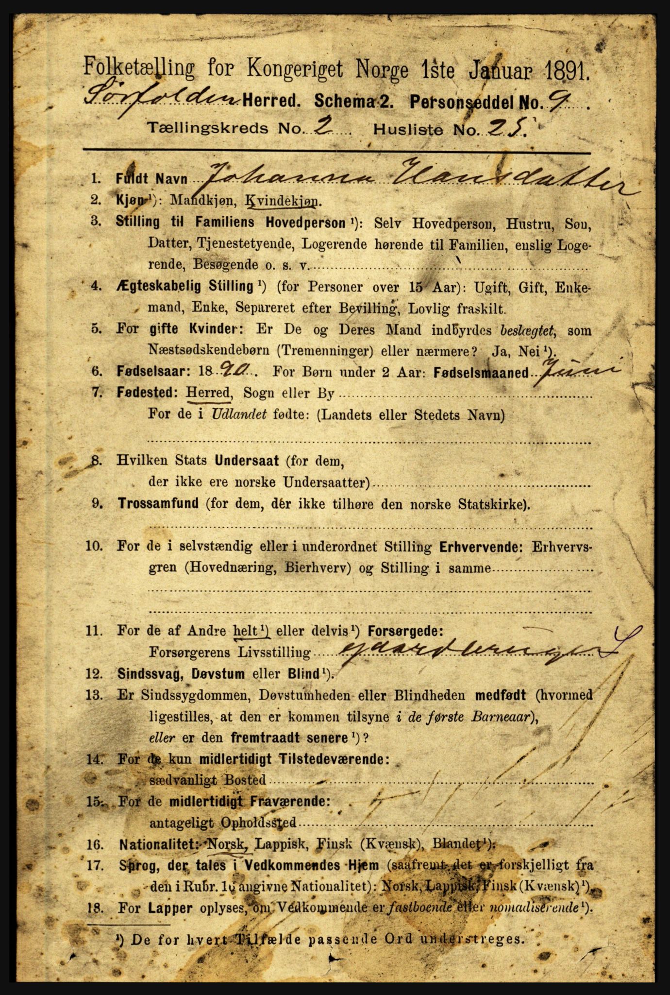 RA, 1891 census for 1845 Sørfold, 1891, p. 376