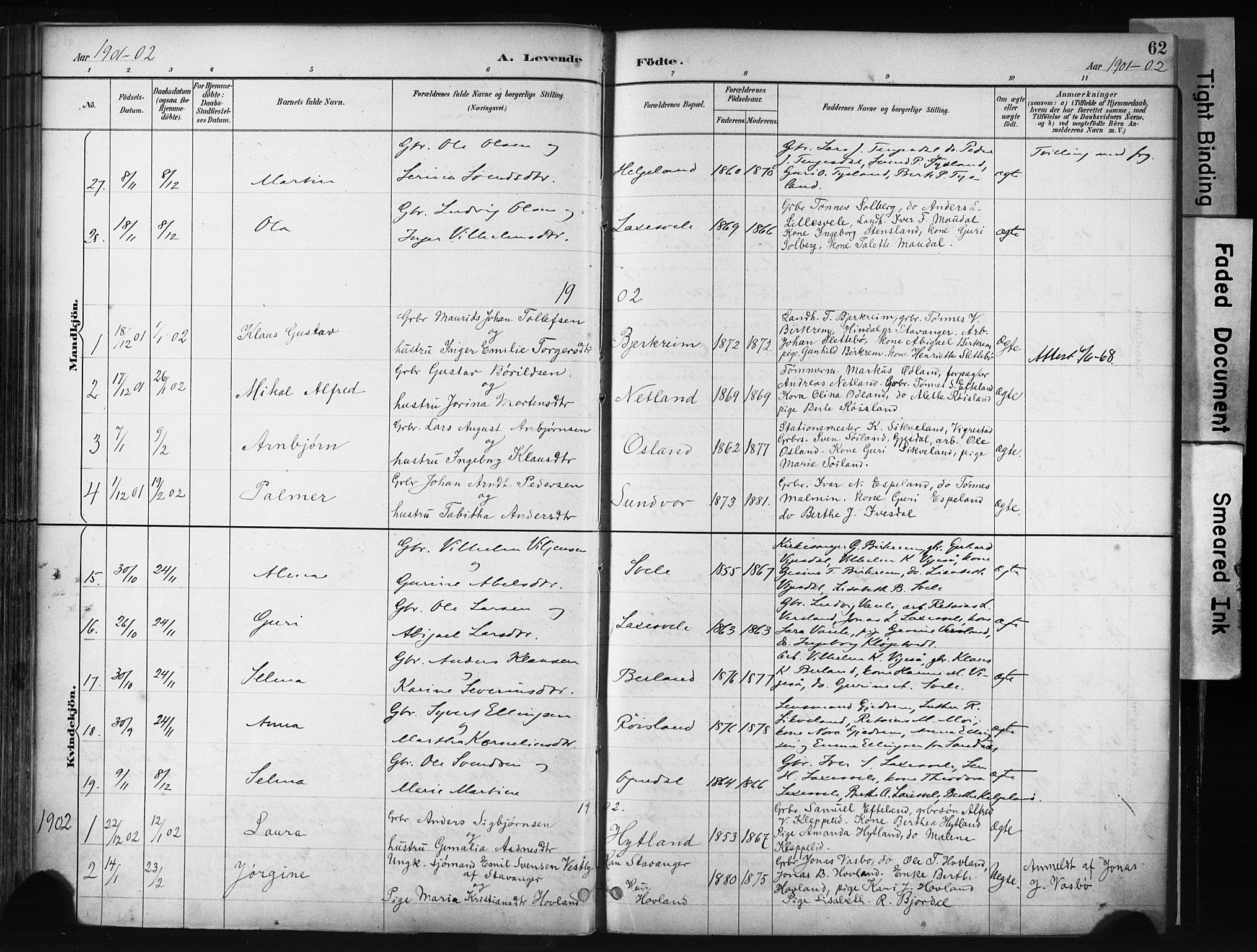 Helleland sokneprestkontor, AV/SAST-A-101810: Parish register (official) no. A 9, 1887-1908, p. 62