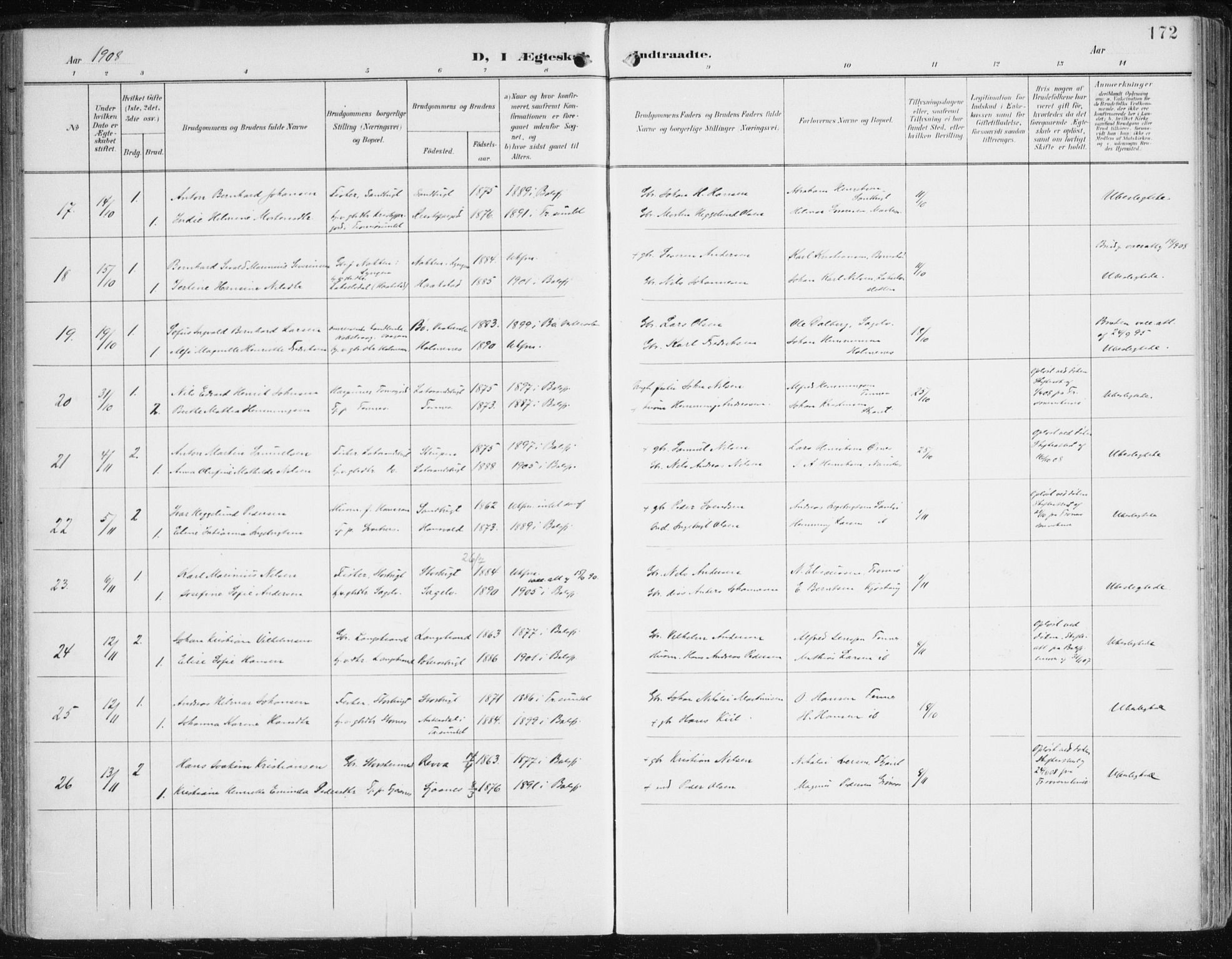 Balsfjord sokneprestembete, AV/SATØ-S-1303/G/Ga/L0006kirke: Parish register (official) no. 6, 1897-1909, p. 172