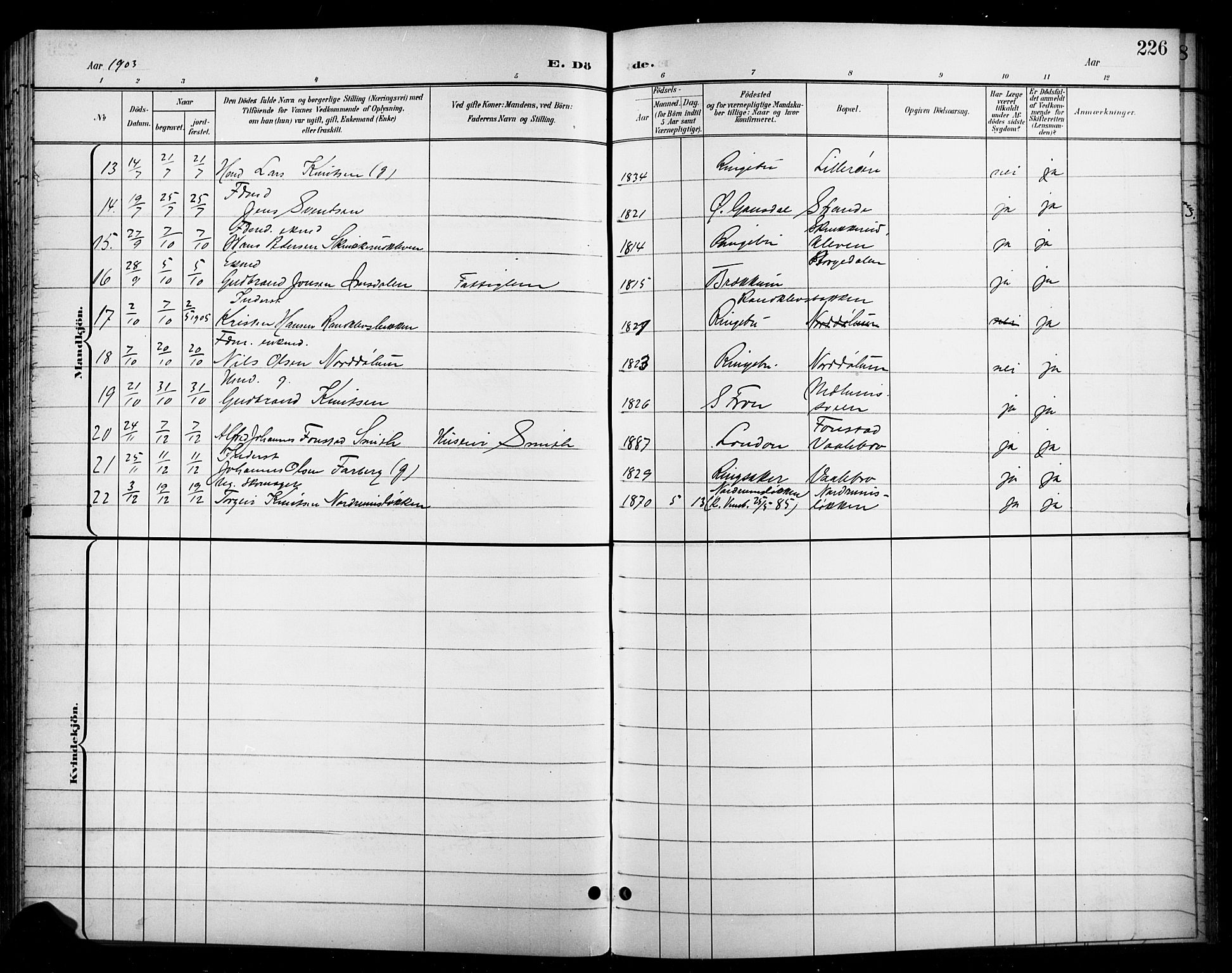 Ringebu prestekontor, SAH/PREST-082/H/Ha/Hab/L0009: Parish register (copy) no. 9, 1899-1921, p. 226