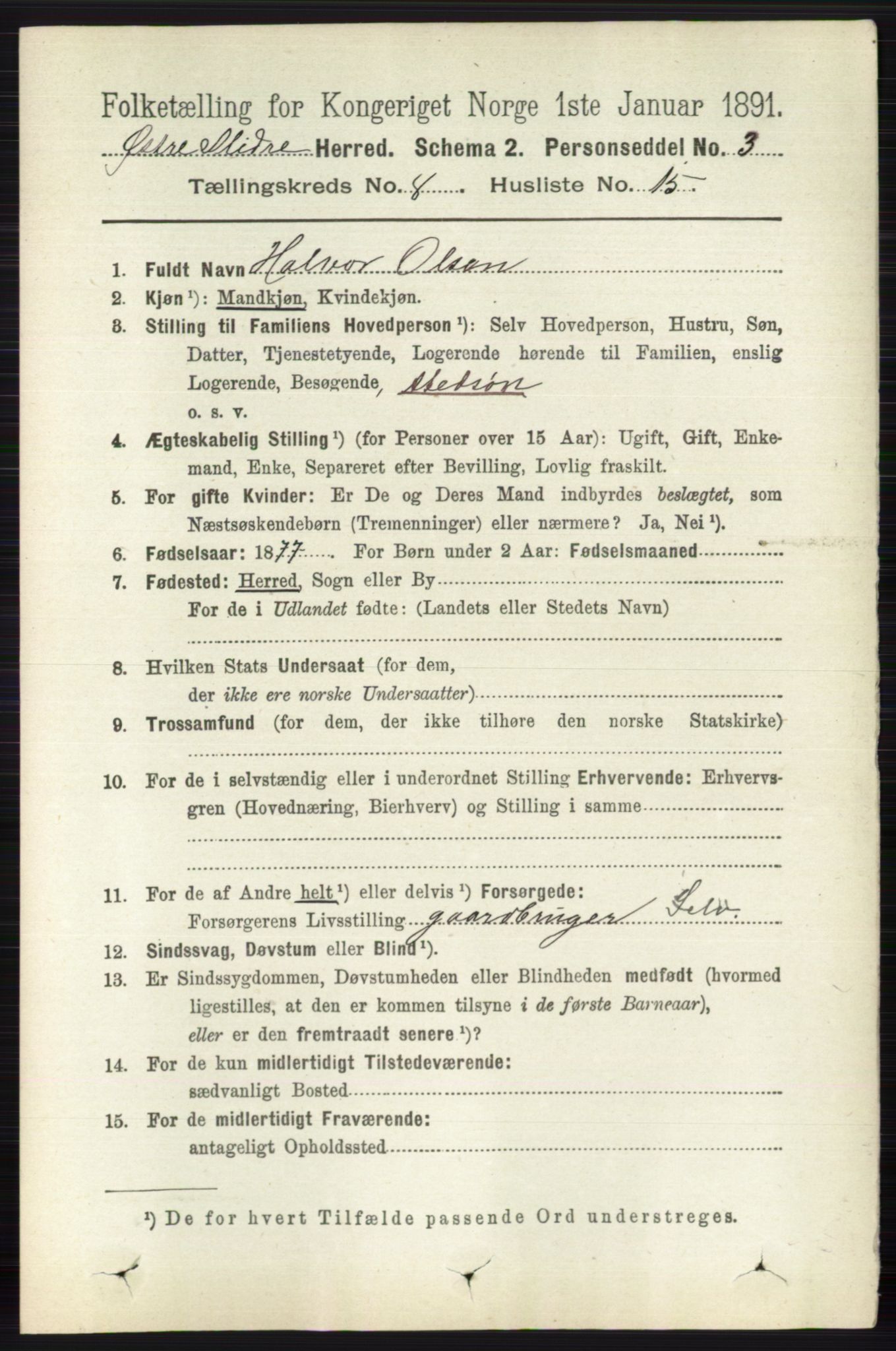 RA, 1891 census for 0544 Øystre Slidre, 1891, p. 2643