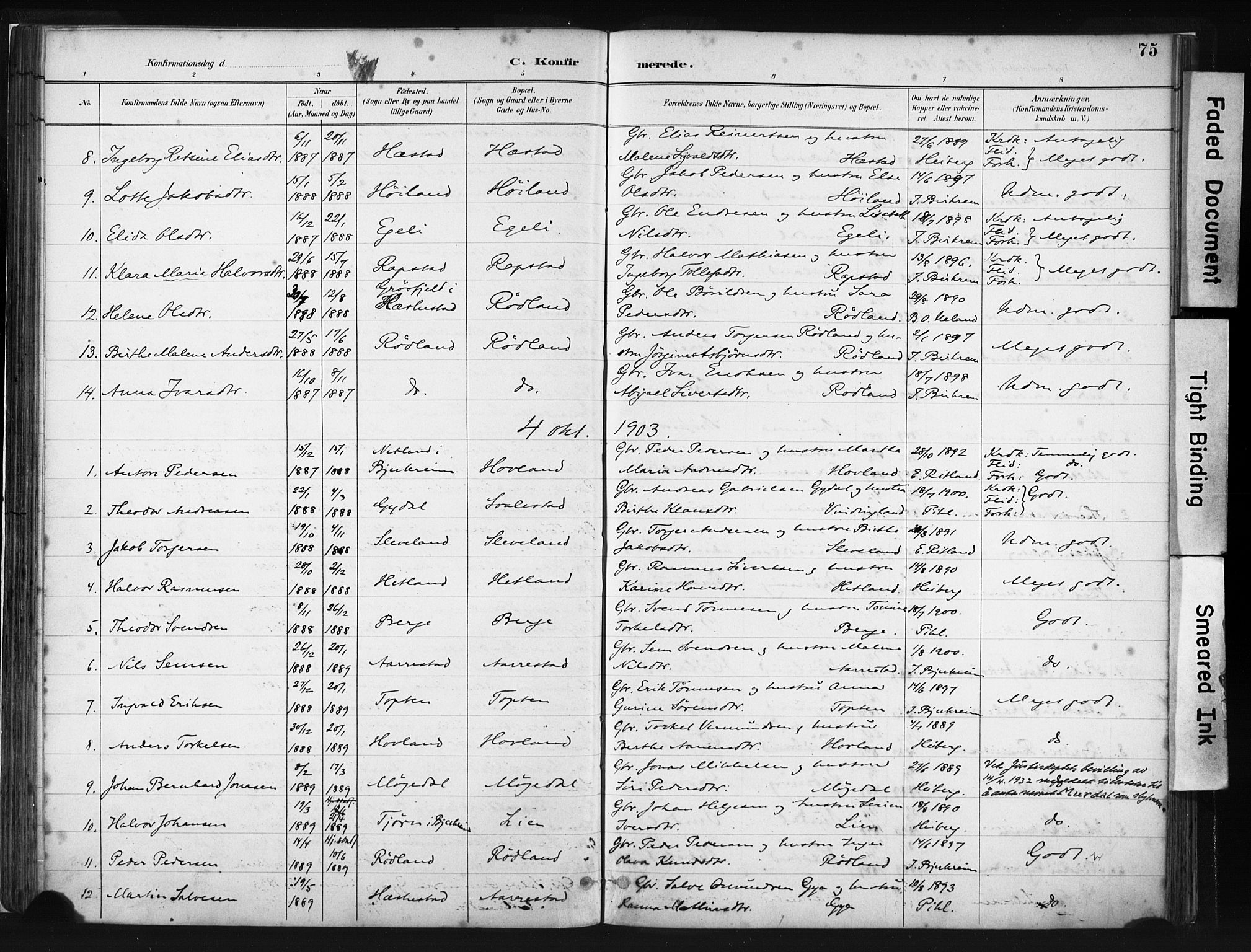 Helleland sokneprestkontor, SAST/A-101810: Parish register (official) no. A 8, 1887-1907, p. 75