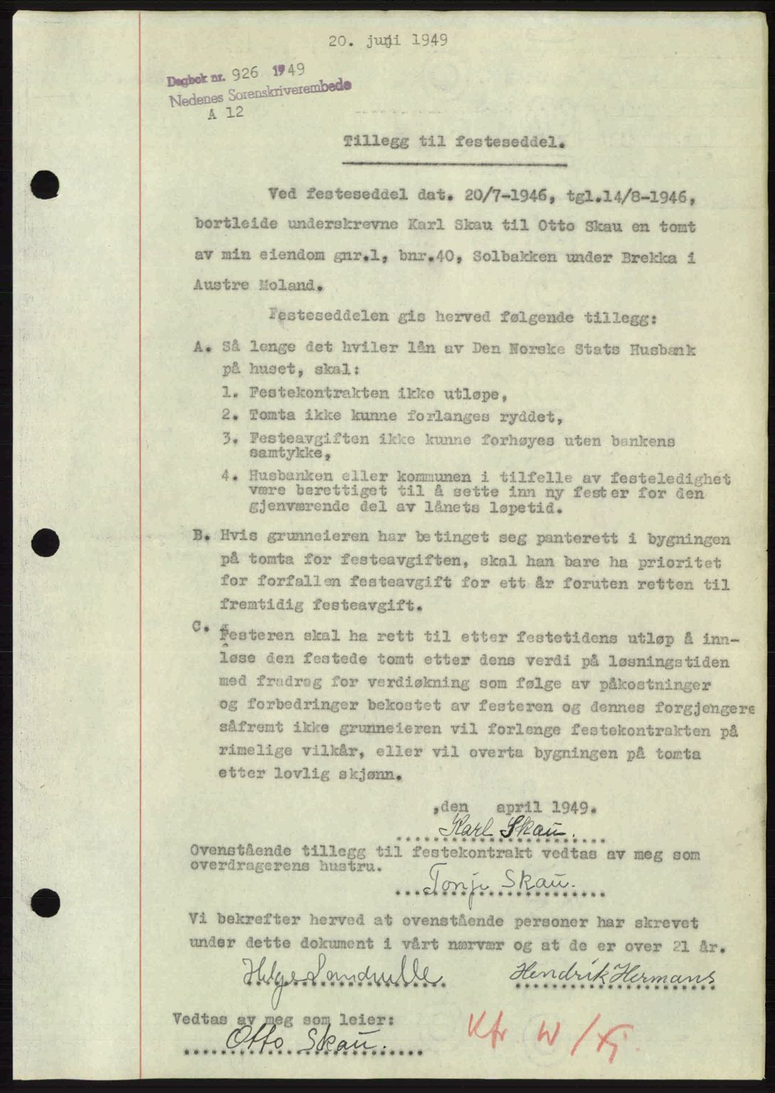 Nedenes sorenskriveri, AV/SAK-1221-0006/G/Gb/Gba/L0060: Mortgage book no. A12, 1948-1949, Diary no: : 926/1949