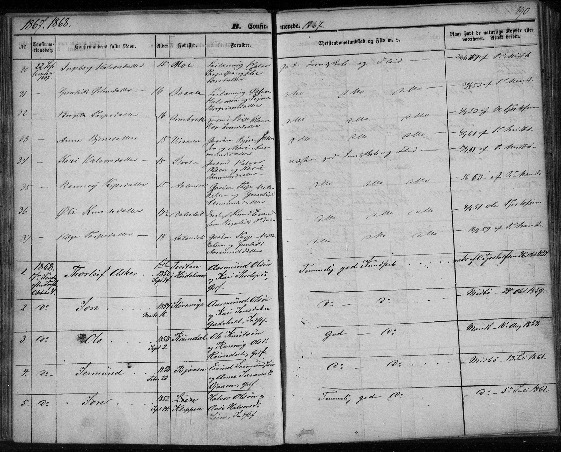 Lårdal kirkebøker, SAKO/A-284/F/Fa/L0006: Parish register (official) no. I 6, 1861-1886, p. 190