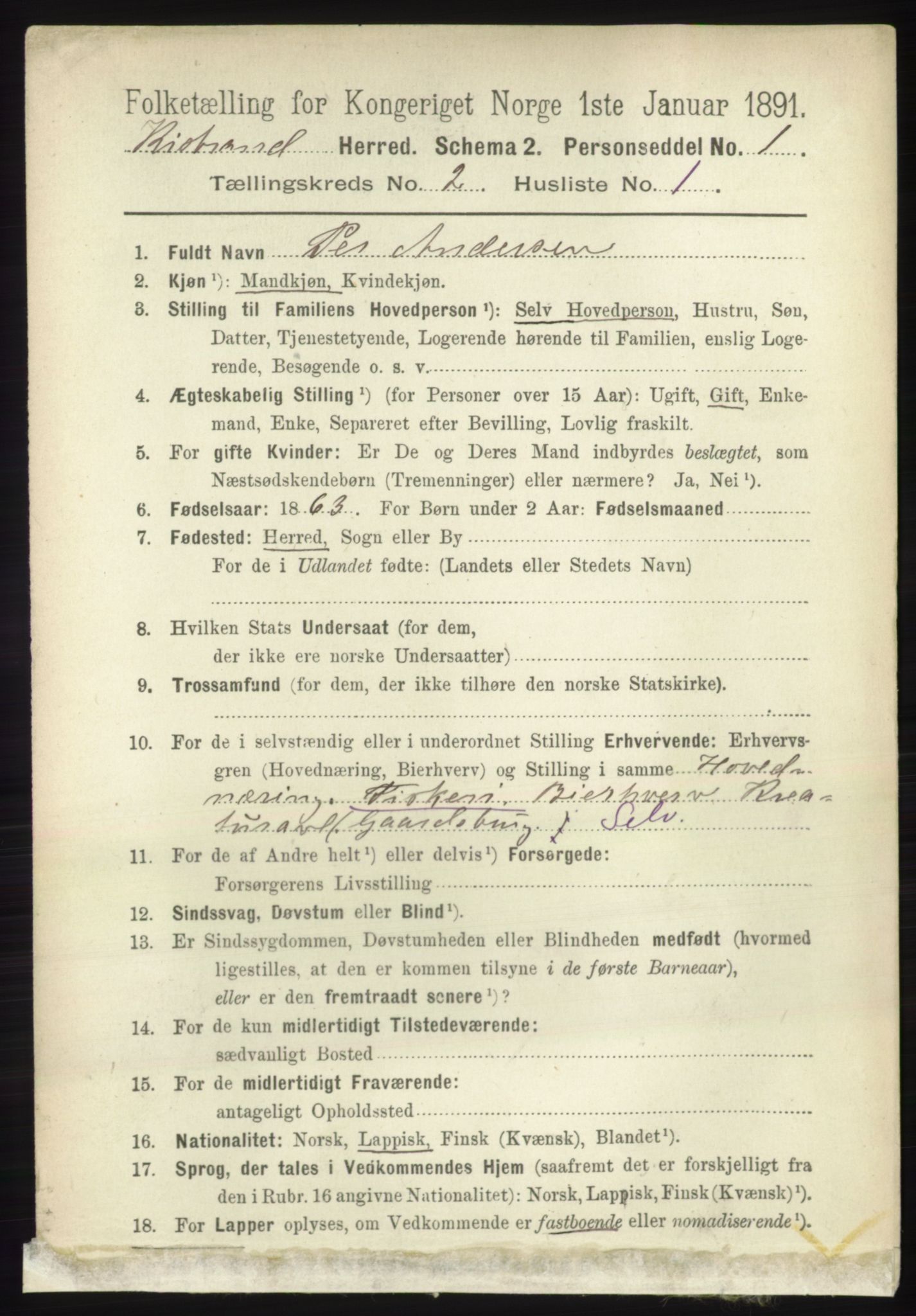 RA, 1891 census for 2020 Kistrand, 1891, p. 604