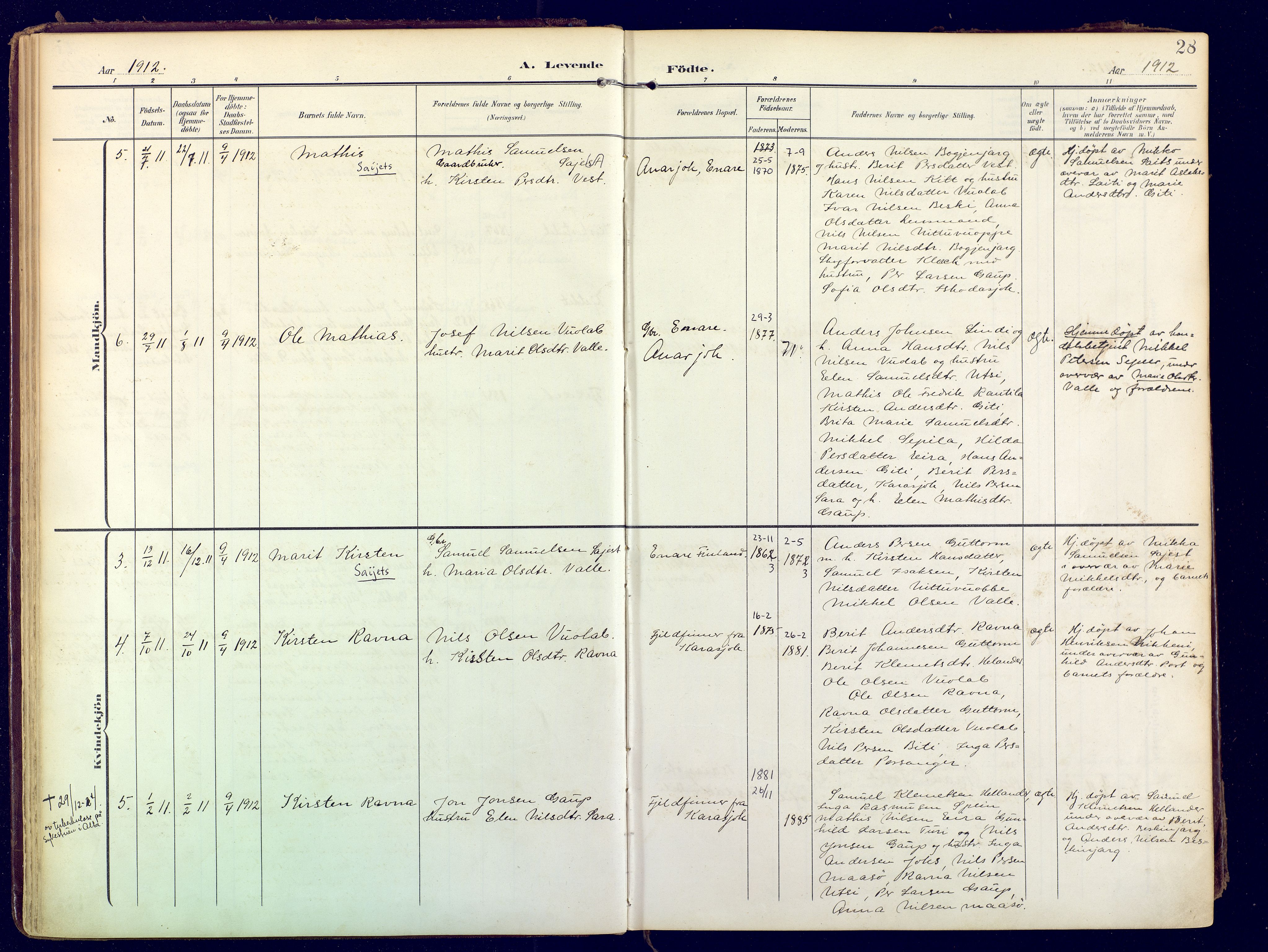 Karasjok sokneprestkontor, SATØ/S-1352/H/Ha: Parish register (official) no. 3, 1907-1926, p. 28