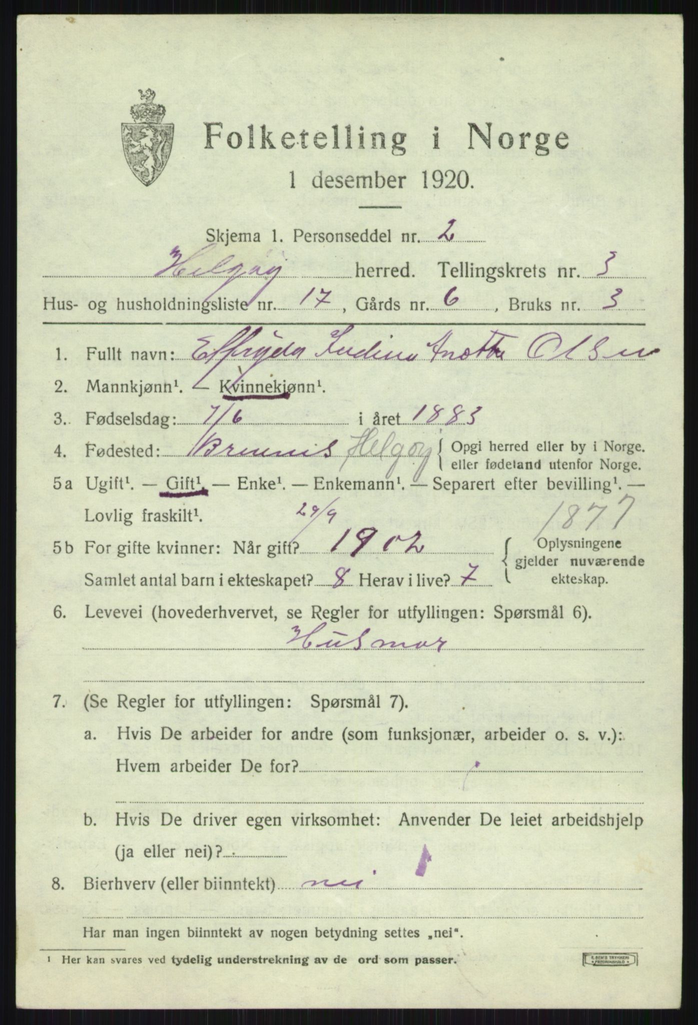 SATØ, 1920 census for Helgøy, 1920, p. 1601