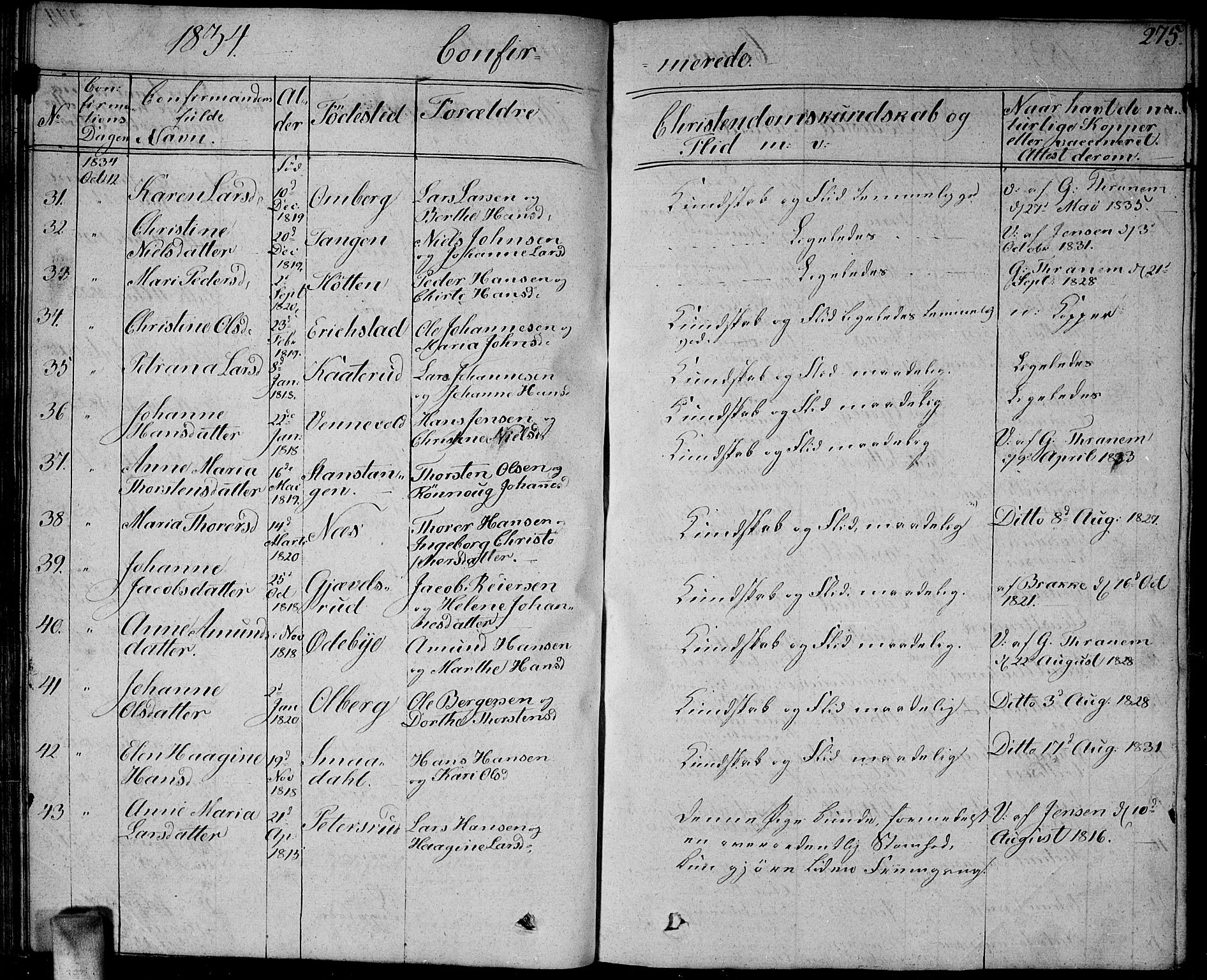 Enebakk prestekontor Kirkebøker, SAO/A-10171c/G/Ga/L0003: Parish register (copy) no. I 3, 1833-1849, p. 275