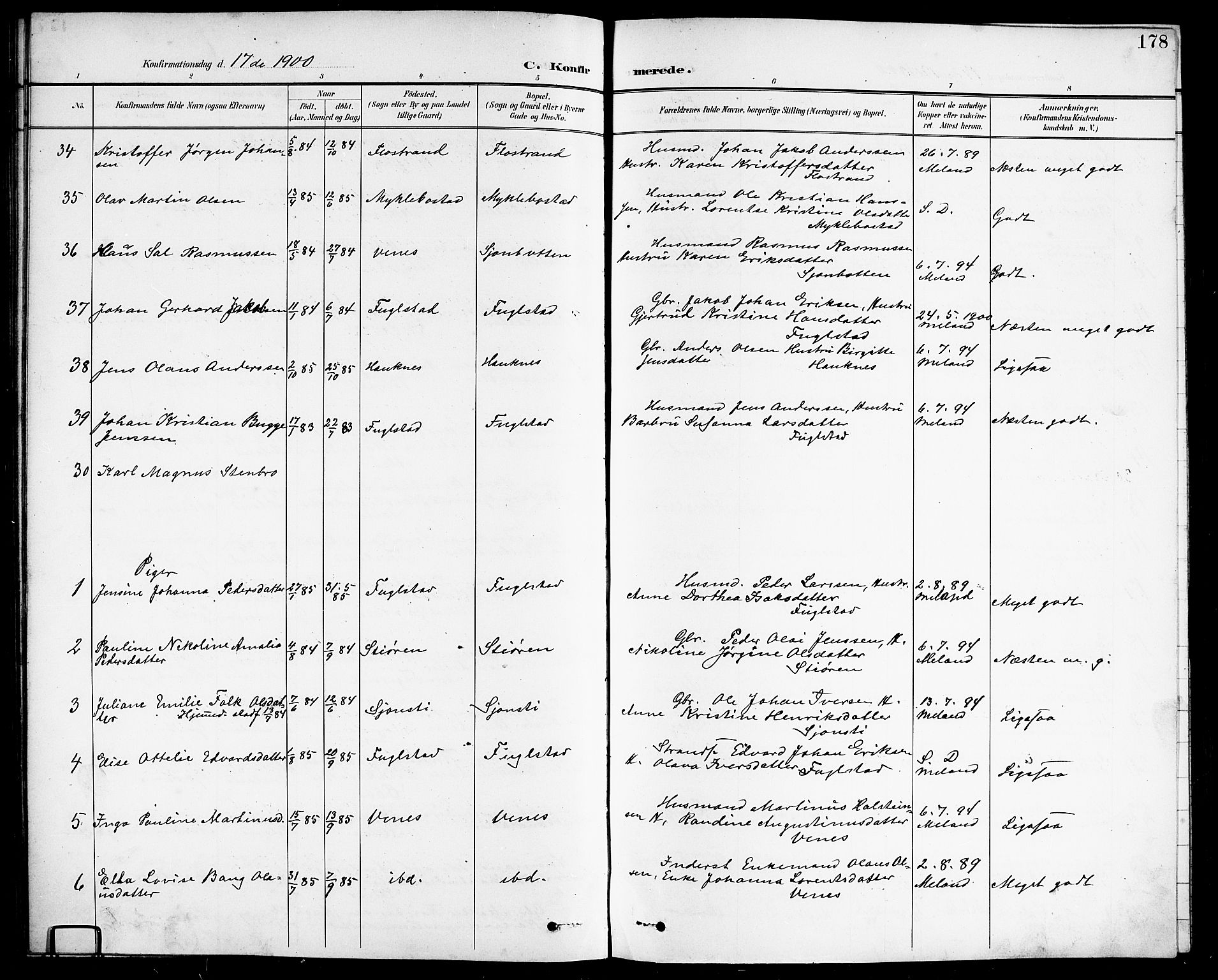 Ministerialprotokoller, klokkerbøker og fødselsregistre - Nordland, AV/SAT-A-1459/838/L0559: Parish register (copy) no. 838C06, 1893-1910, p. 178