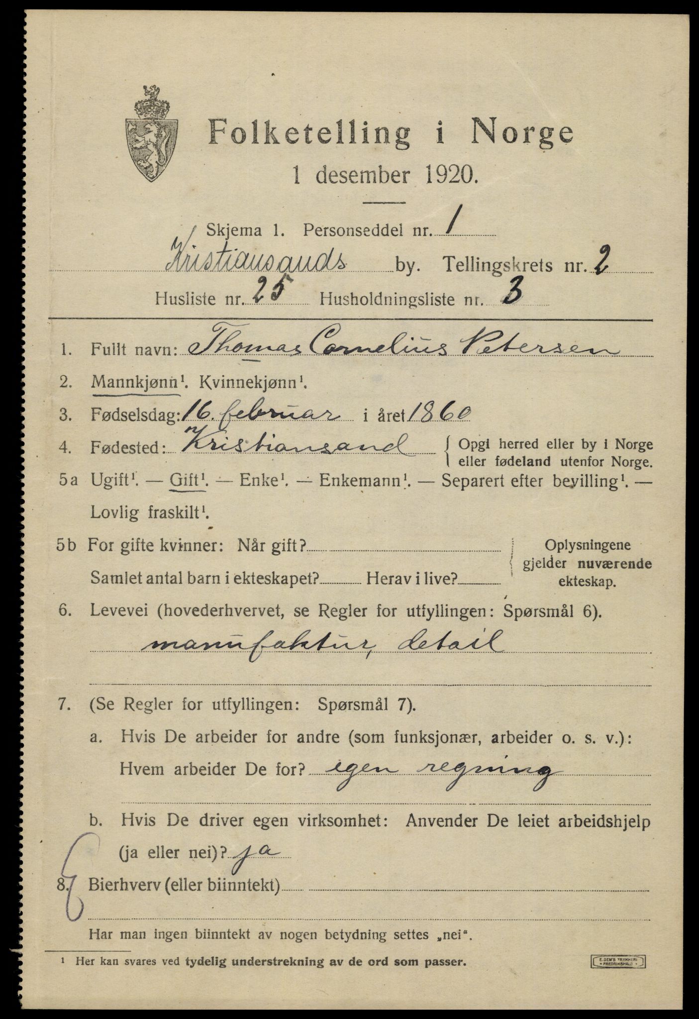 SAK, 1920 census for Kristiansand, 1920, p. 12925