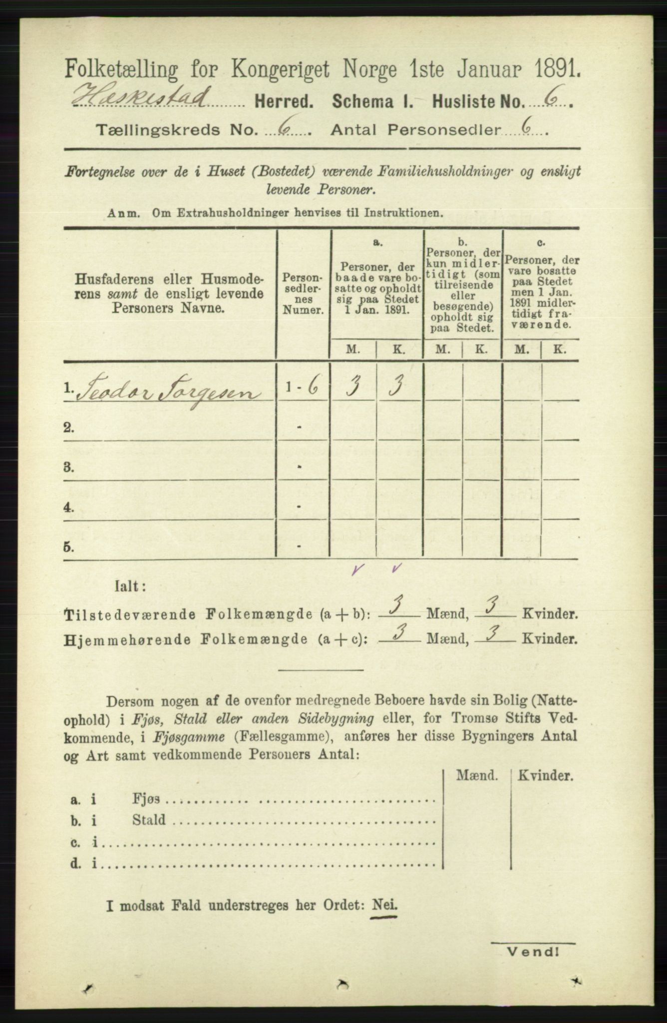 RA, 1891 census for 1113 Heskestad, 1891, p. 999