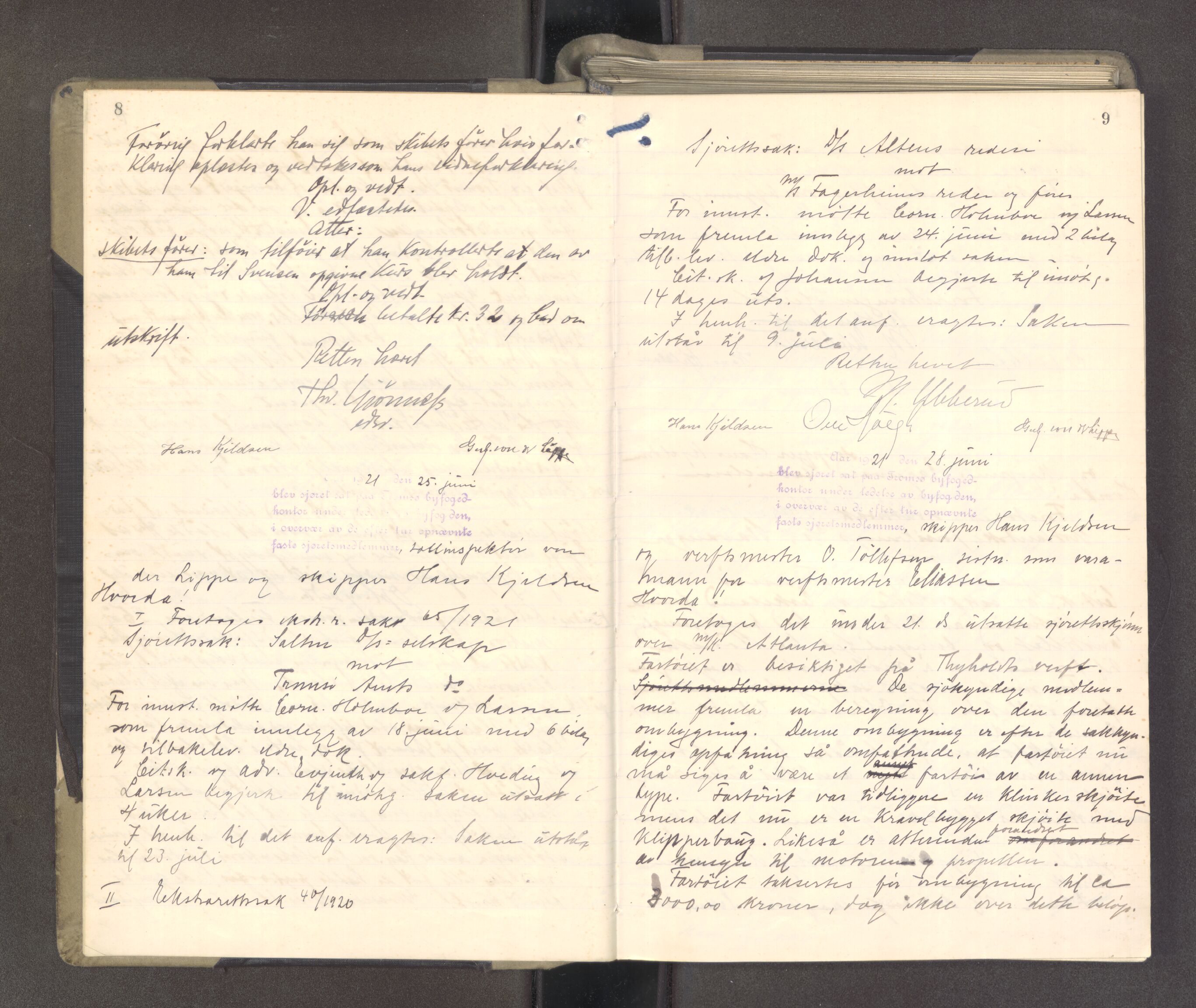 Tromsø byfogd/byrett, AV/SATØ-SATØ-0063/1/F/Fd/L0093: Sjørettsprotokoll, 1921-1923, p. 8-9