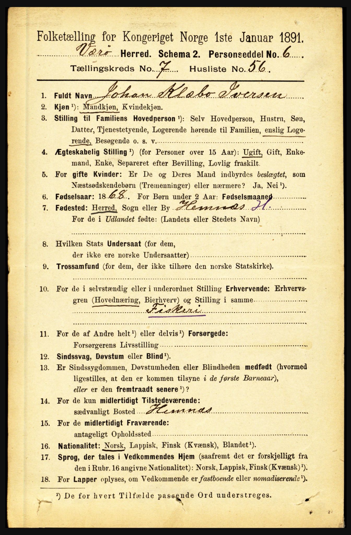 RA, 1891 census for 1857 Værøy, 1891, p. 1112