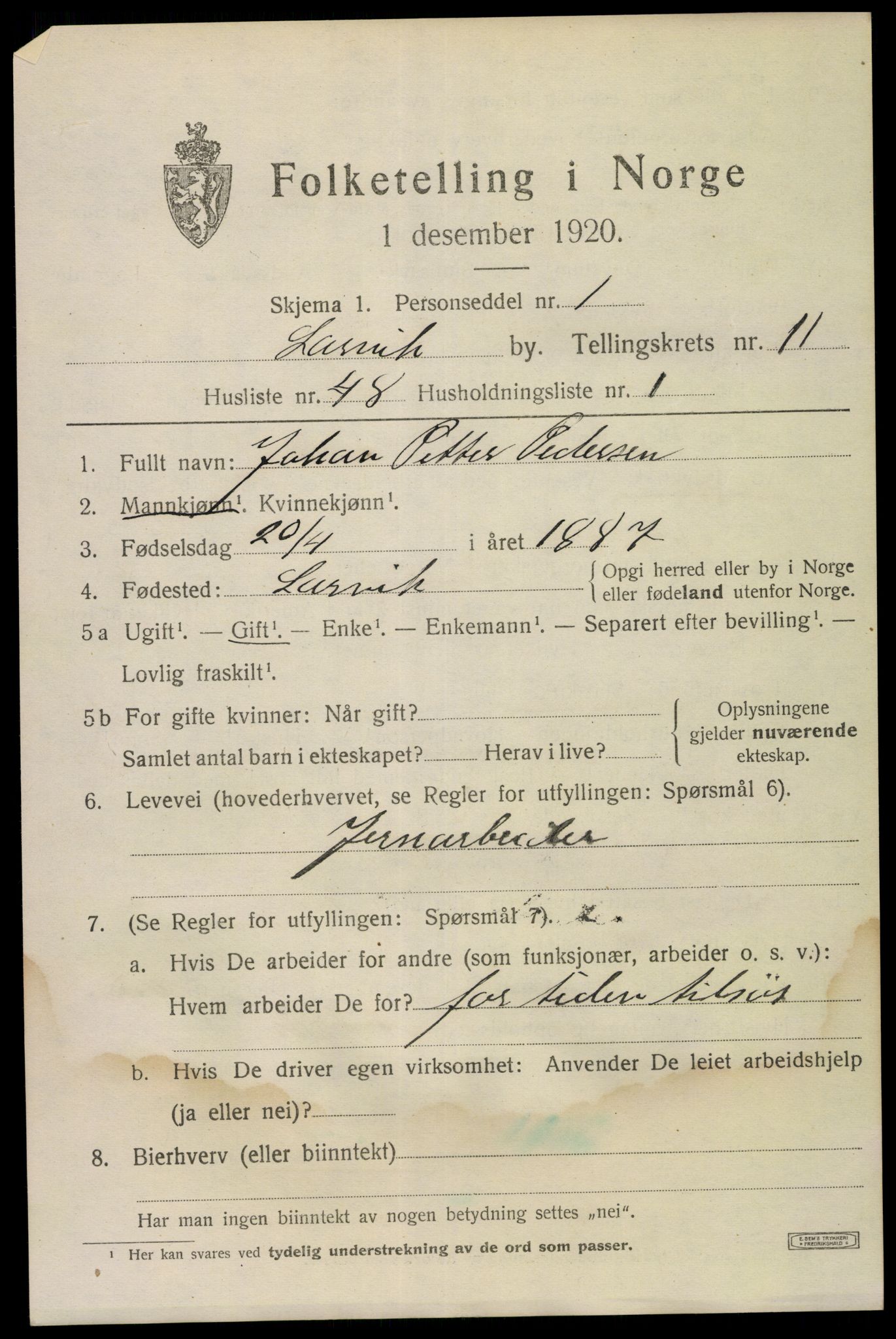 SAKO, 1920 census for Larvik, 1920, p. 29276