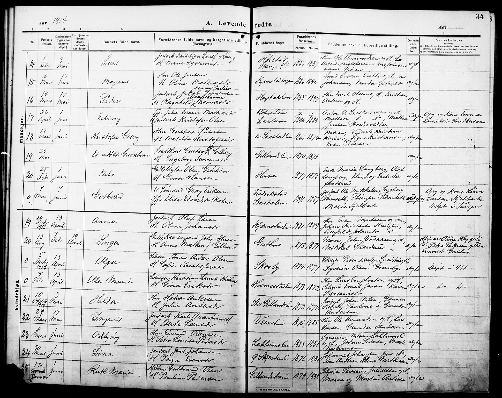 Stange prestekontor, AV/SAH-PREST-002/L/L0014: Parish register (copy) no. 14, 1909-1917, p. 34