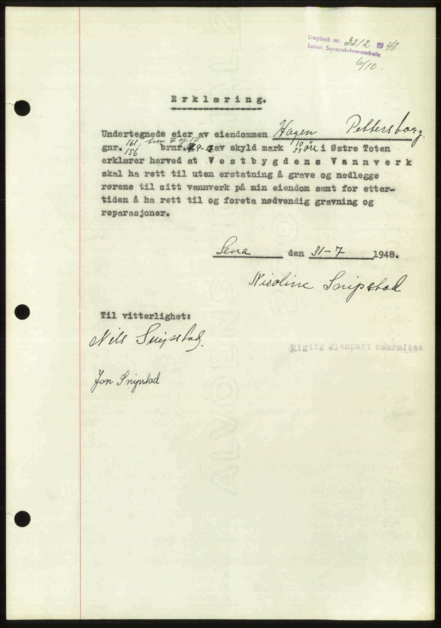 Toten tingrett, SAH/TING-006/H/Hb/Hbc/L0020: Mortgage book no. Hbc-20, 1948-1948, Diary no: : 3212/1948
