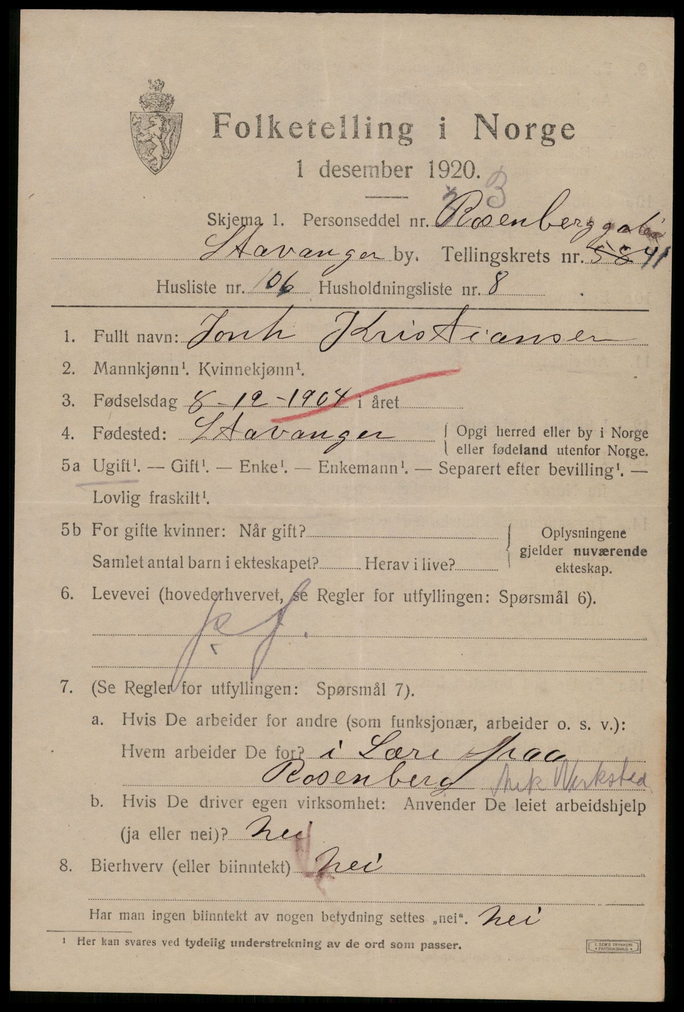 SAST, 1920 census for Stavanger, 1920, p. 105134