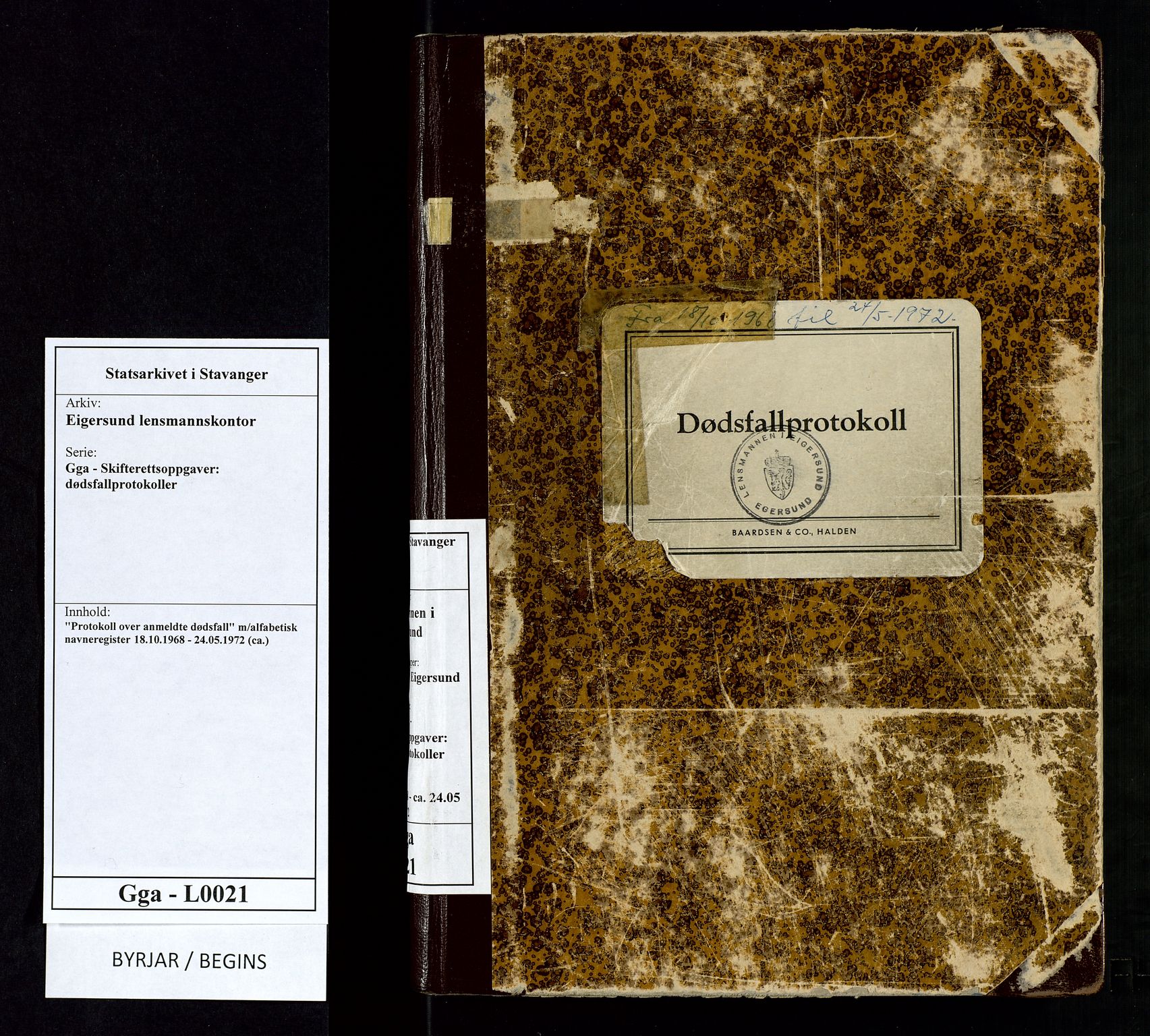 Eigersund lensmannskontor, SAST/A-100171/Gga/L0021: "Protokoll over anmeldte dødsfall" m/alfabetisk navneregister, 1968-1972