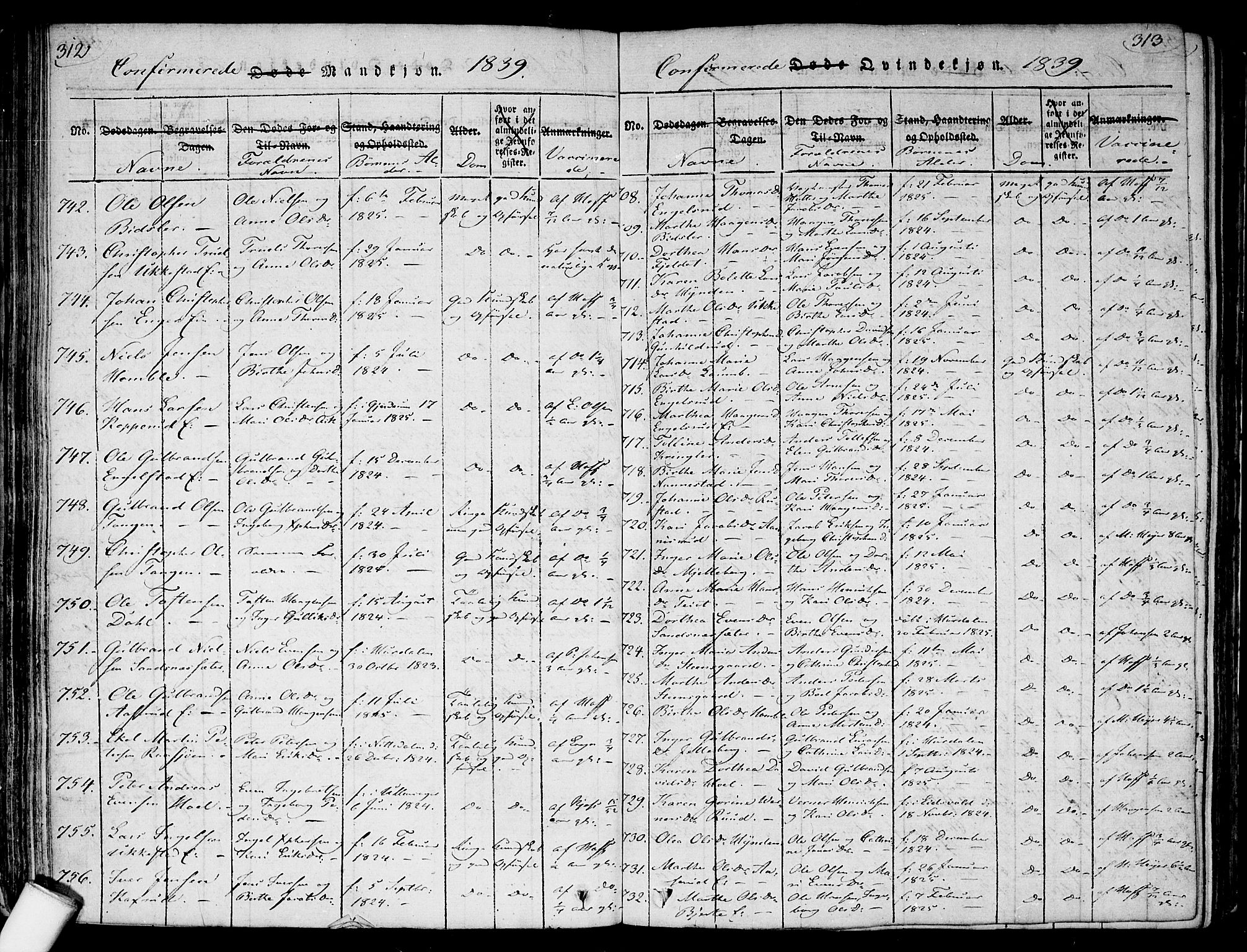 Nannestad prestekontor Kirkebøker, SAO/A-10414a/F/Fa/L0009: Parish register (official) no. I 9, 1815-1840, p. 312-313