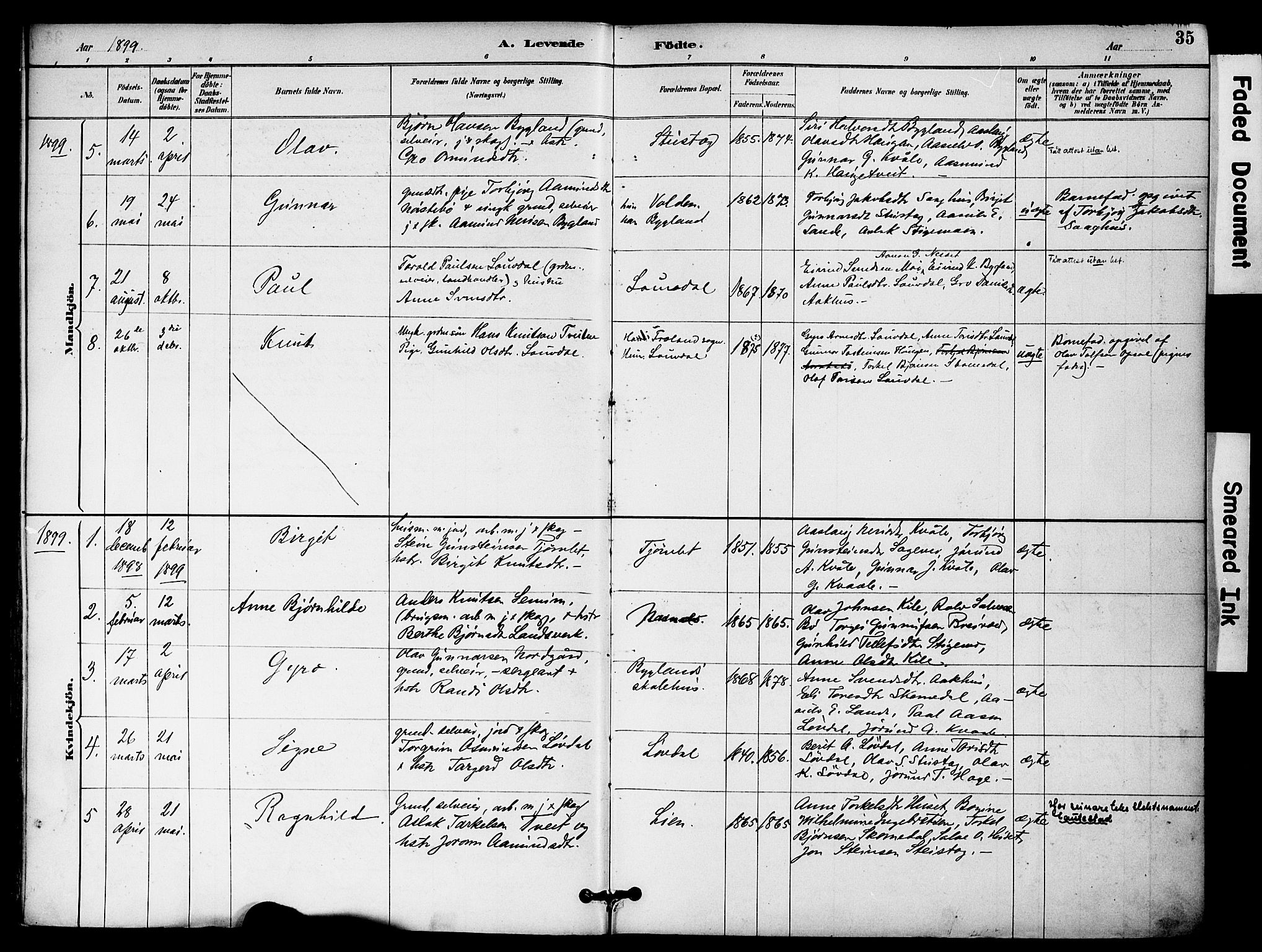 Bygland sokneprestkontor, SAK/1111-0006/F/Fa/Fab/L0007: Parish register (official) no. A 7, 1885-1909, p. 35